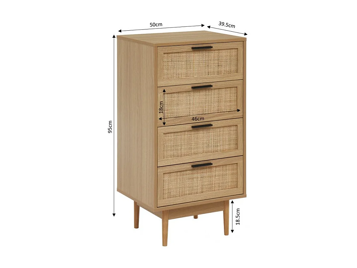 Chiffonnier effet chêne et cannage rotin 4 tiroirs 50cm ZIRCON