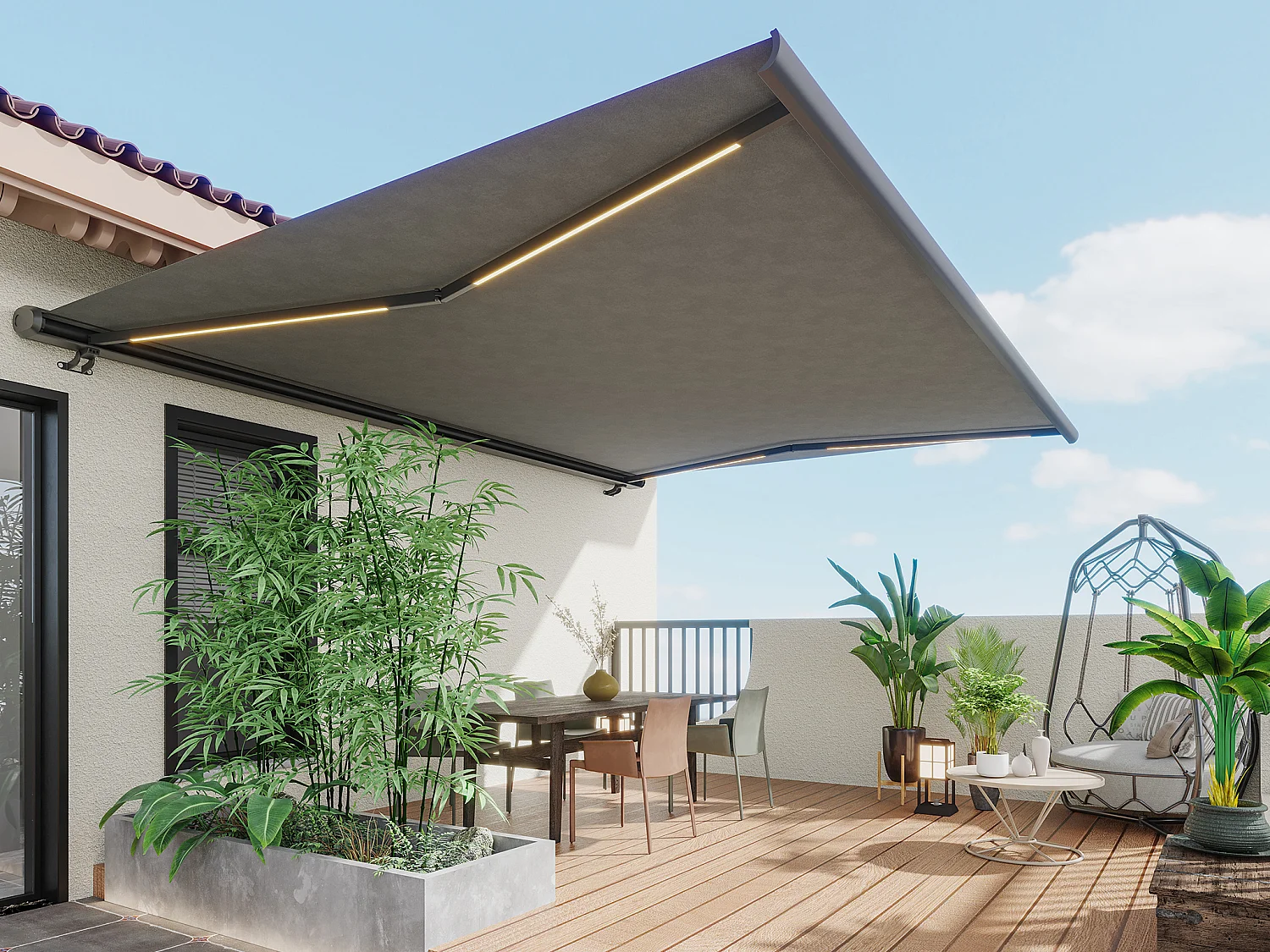 Store banne motorisé à leds avec coffre intégral et capteur de vent 5 x 3,5 m toile acrylique anthracite - GALAXA