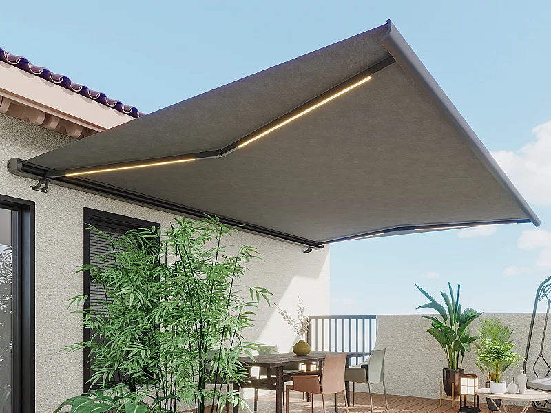 Store banne motorisé à leds avec coffre intégral et capteur de vent 5 x 3,5 m toile acrylique anthracite - GALAXA