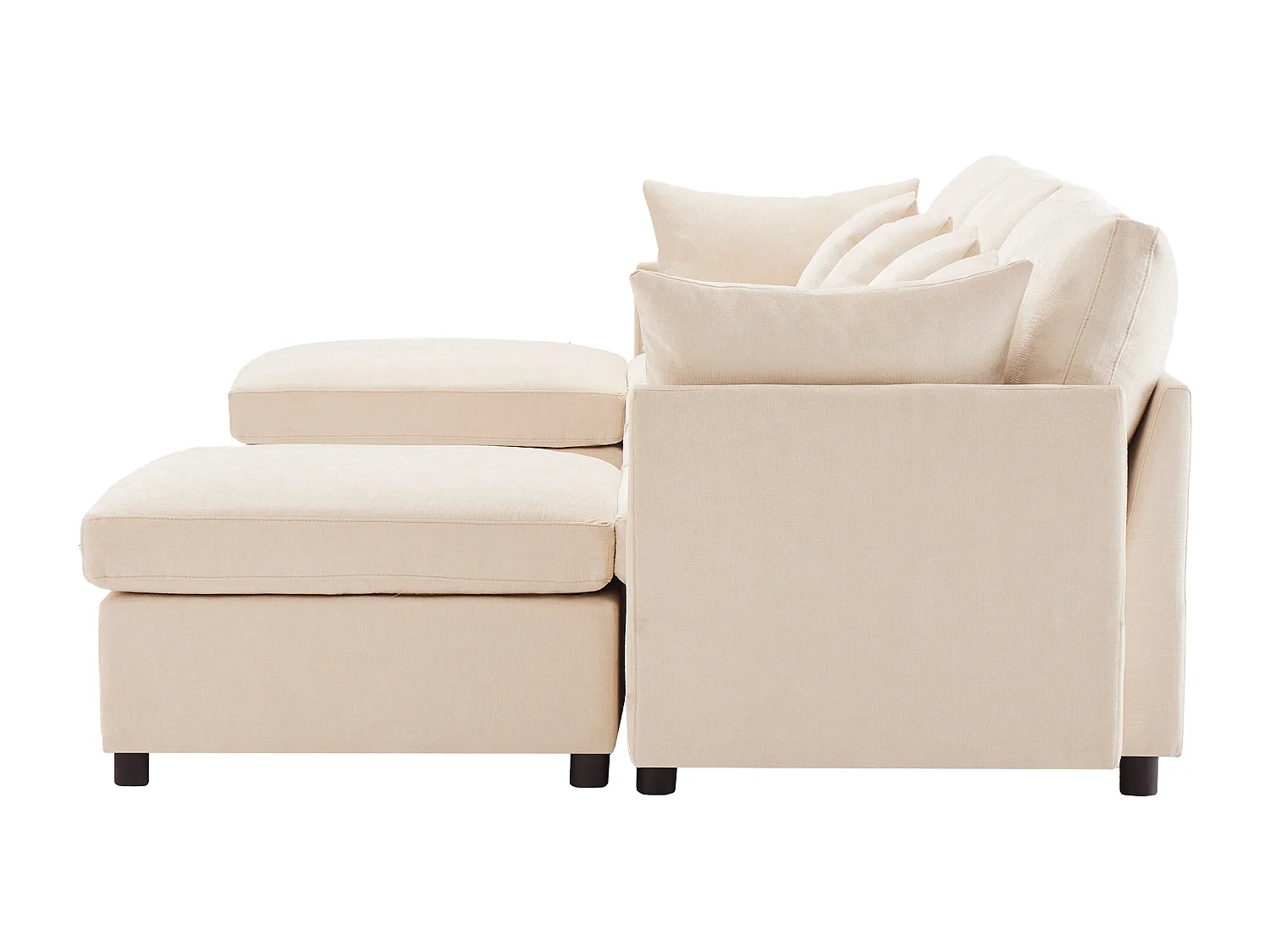 Canapé 4 places en tissu chenille beige avec 2 poufs et 6 coussins