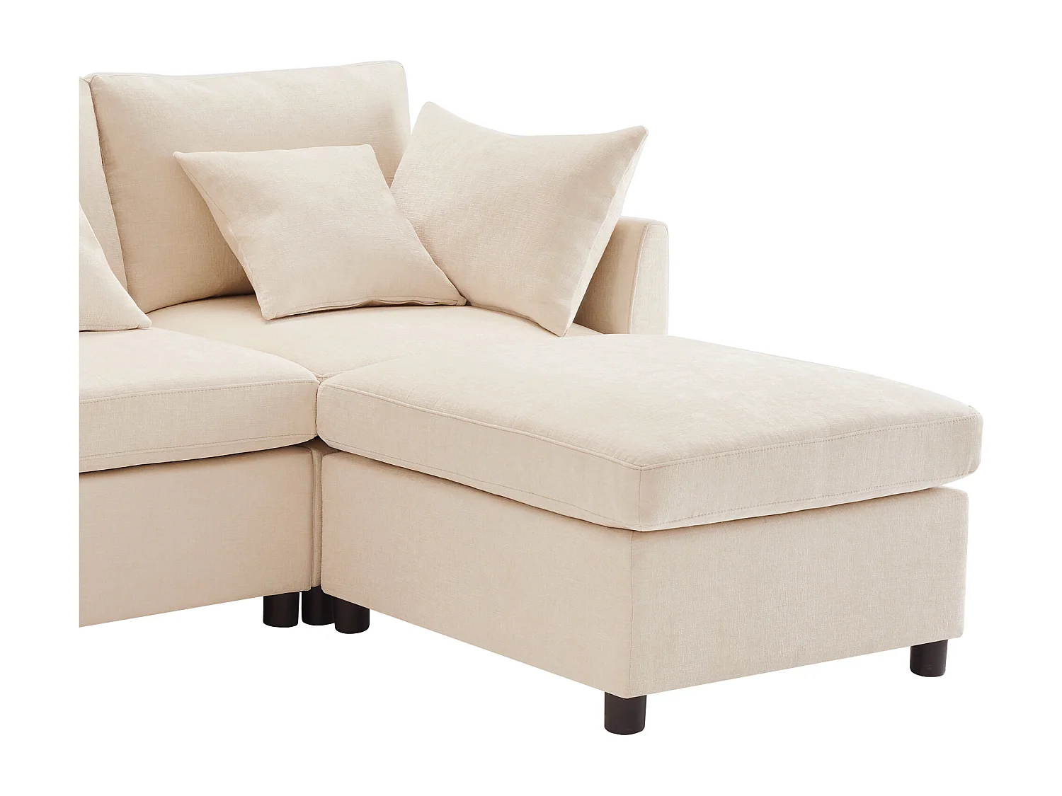 Canapé 4 places en tissu chenille beige avec 2 poufs et 6 coussins