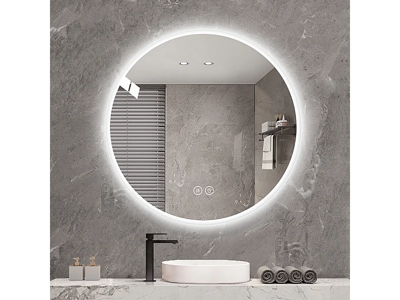 Miroir LED rond 70 cm avec anti-buée et 3 températures - Verre et métal argenté