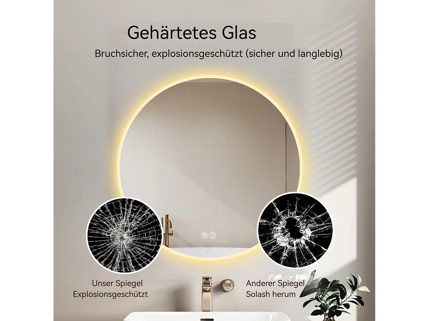 Miroir LED rond 70 cm avec anti-buée et 3 températures - Verre et métal argenté