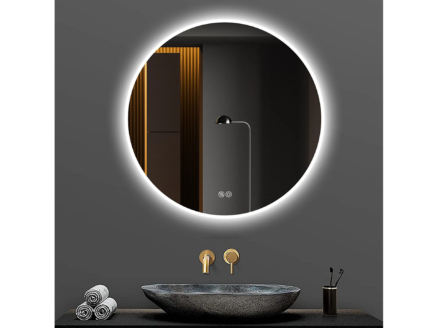Miroir LED rond 70 cm avec anti-buée et 3 températures - Verre et métal argenté