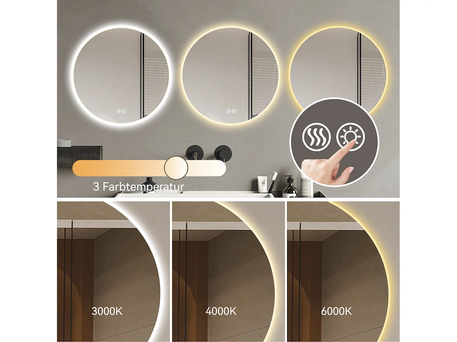 Miroir LED rond 70 cm avec anti-buée et 3 températures - Verre et métal argenté