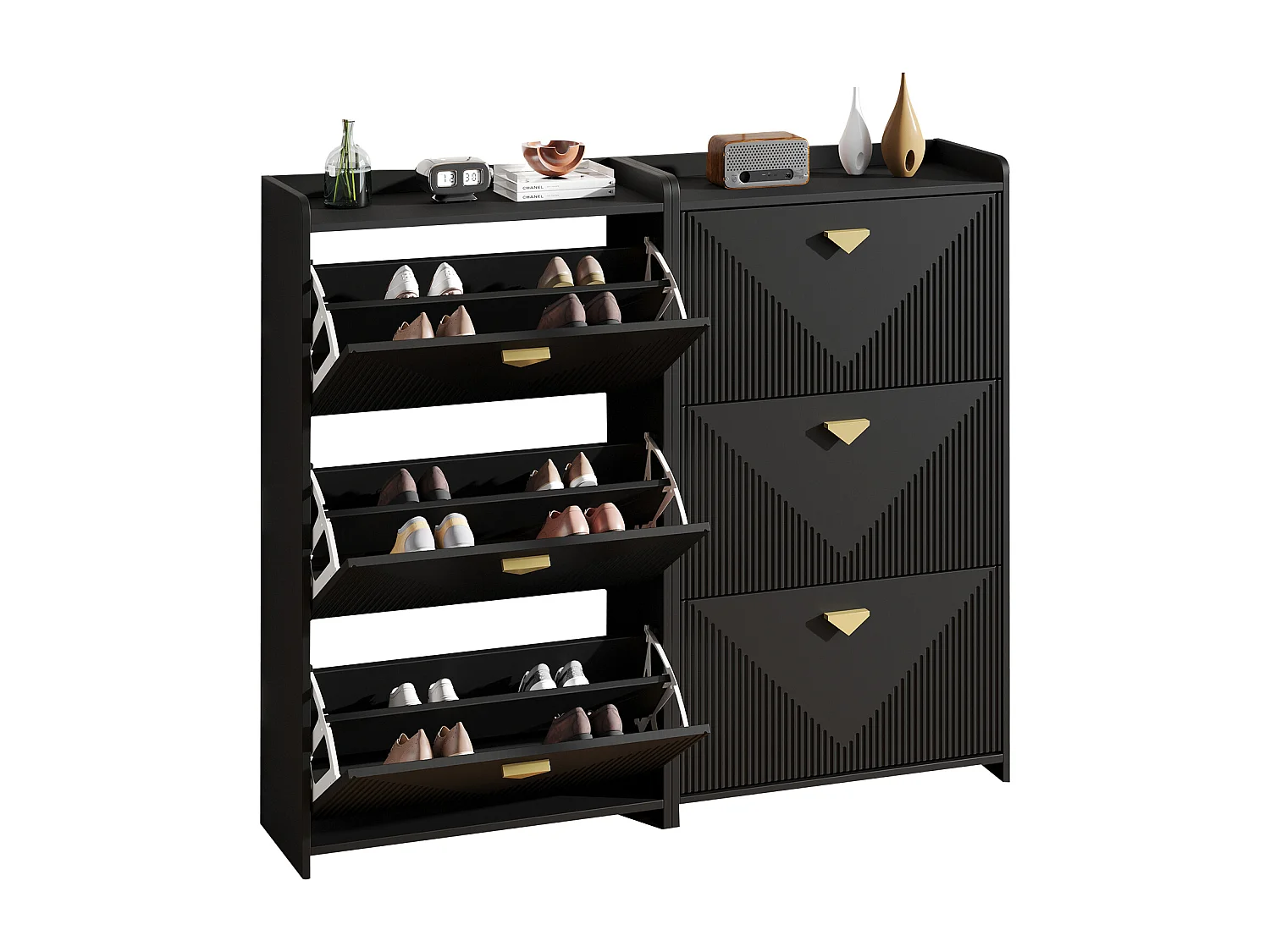 Lot de 2 meuble à chaussures noir avec 3 portes abattantes et 6 compartiments