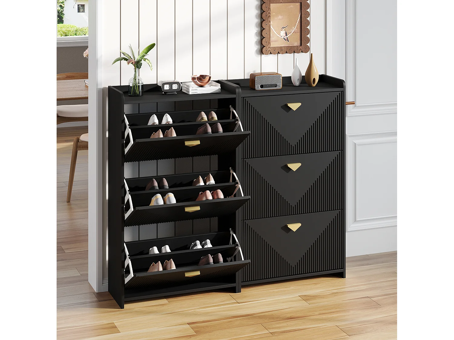 Lot de 2 meuble à chaussures noir avec 3 portes abattantes et 6 compartiments