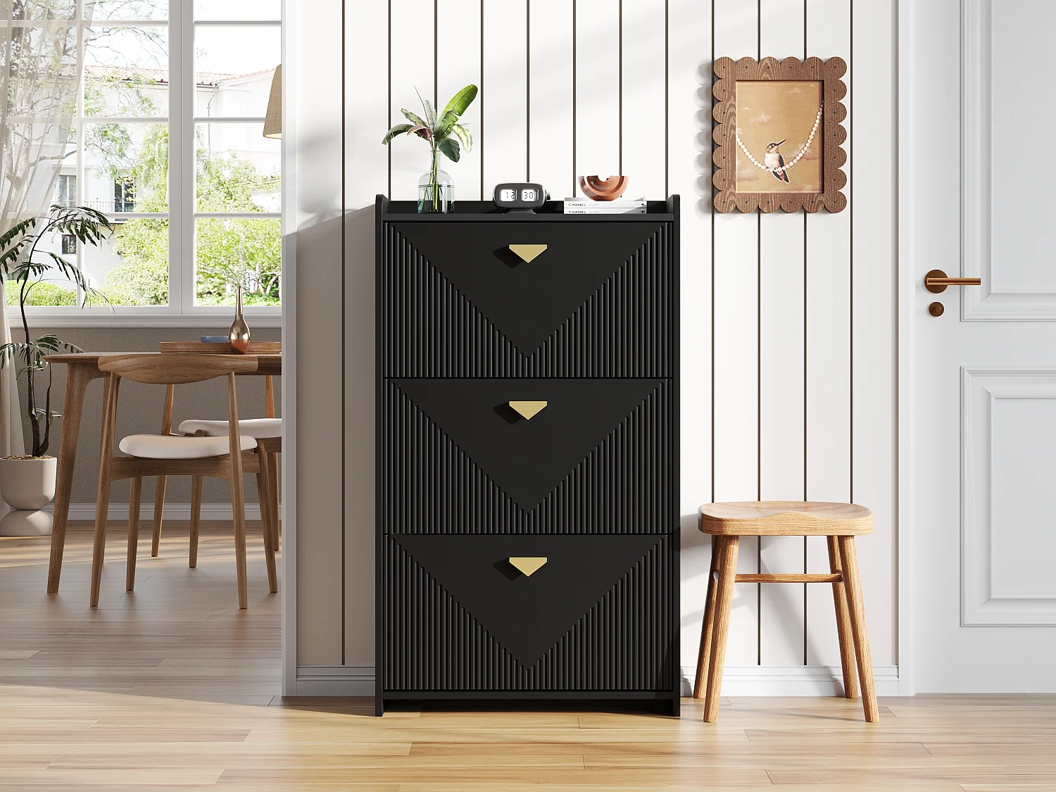 Lot de 2 meuble à chaussures noir avec 3 portes abattantes et 6 compartiments