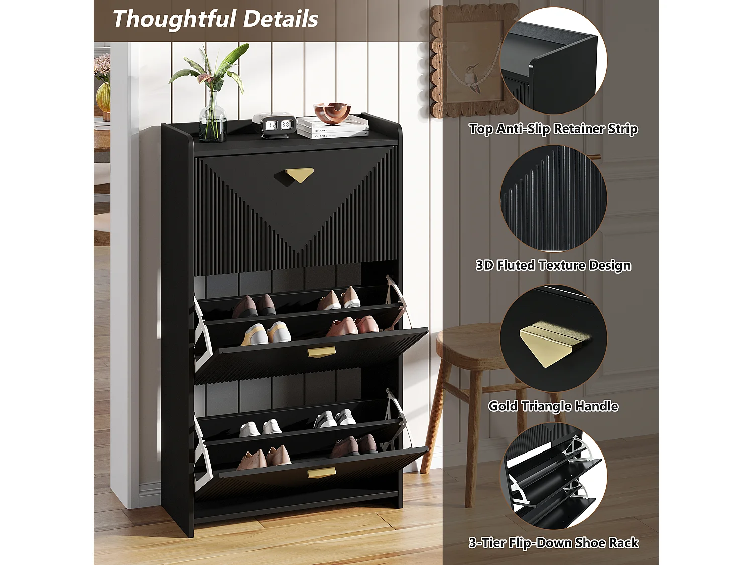 Lot de 2 meuble à chaussures noir avec 3 portes abattantes et 6 compartiments