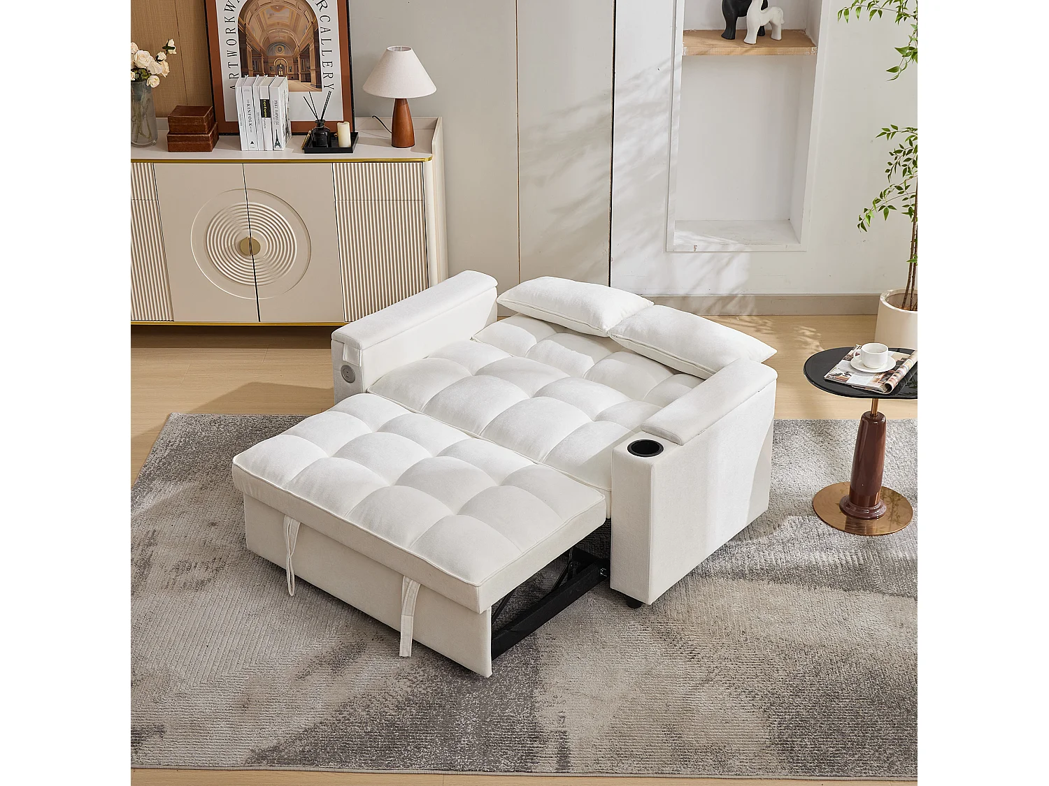 Canapé convertible 2 places en tissu beige - Avec dossier réglable, ports USB et tablette d’appoint