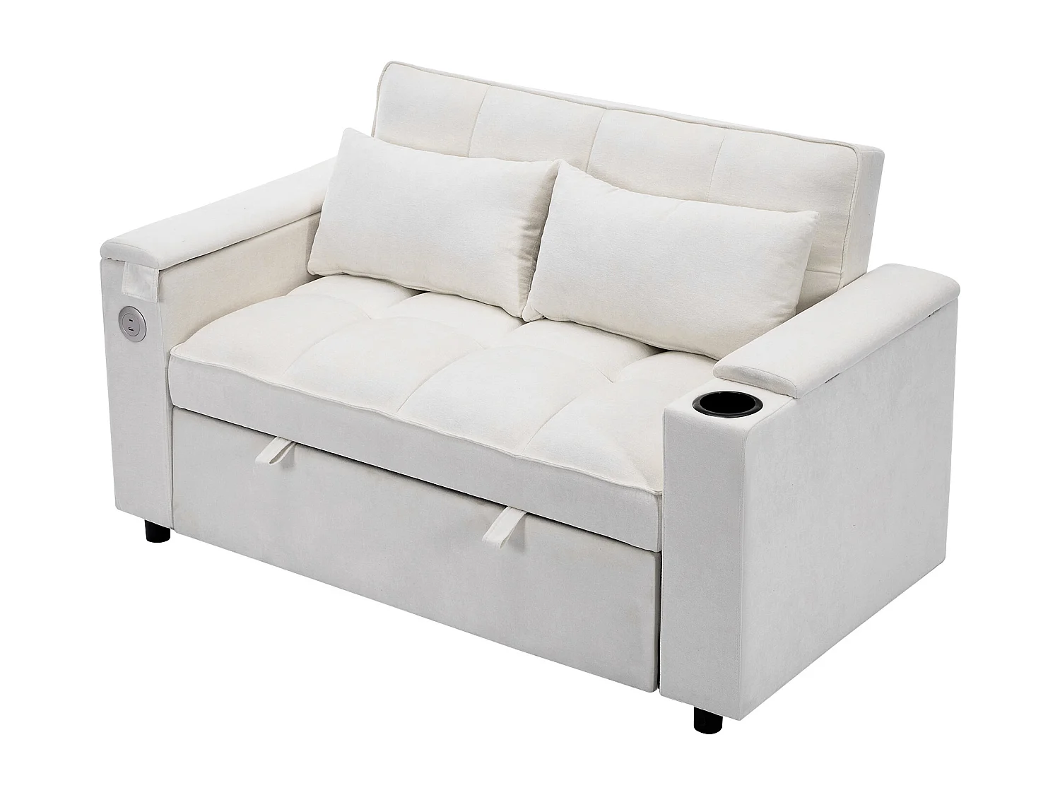 Canapé convertible 2 places en tissu beige - Avec dossier réglable, ports USB et tablette d’appoint