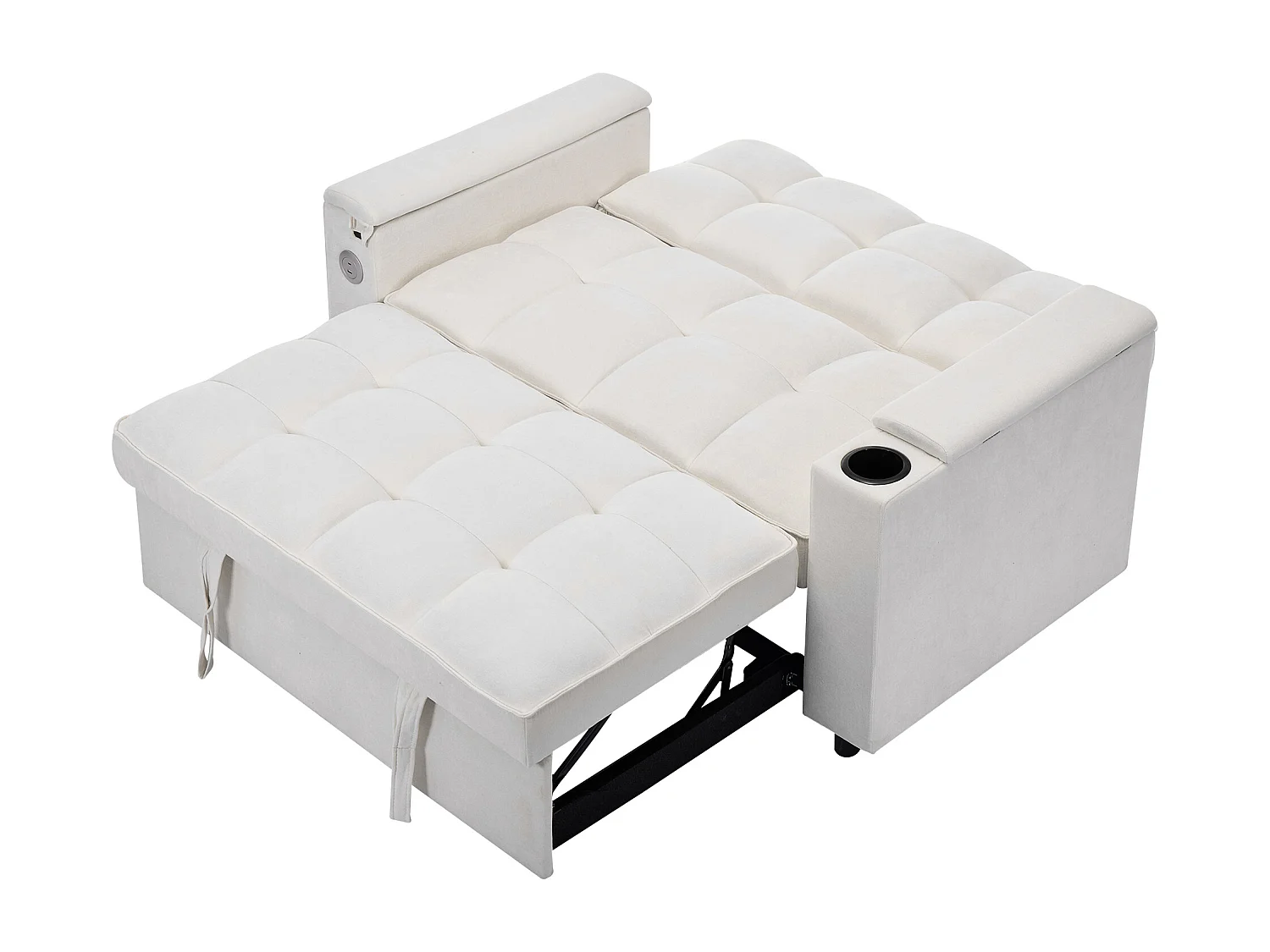 Canapé convertible 2 places en tissu beige - Avec dossier réglable, ports USB et tablette d’appoint