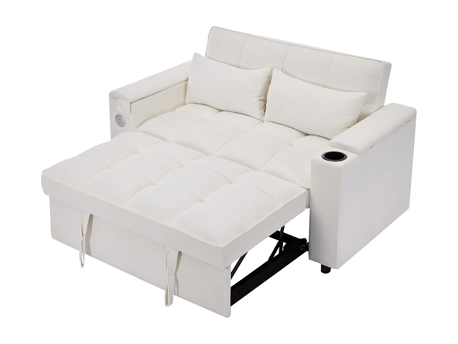Canapé convertible 2 places en tissu beige - Avec dossier réglable, ports USB et tablette d’appoint
