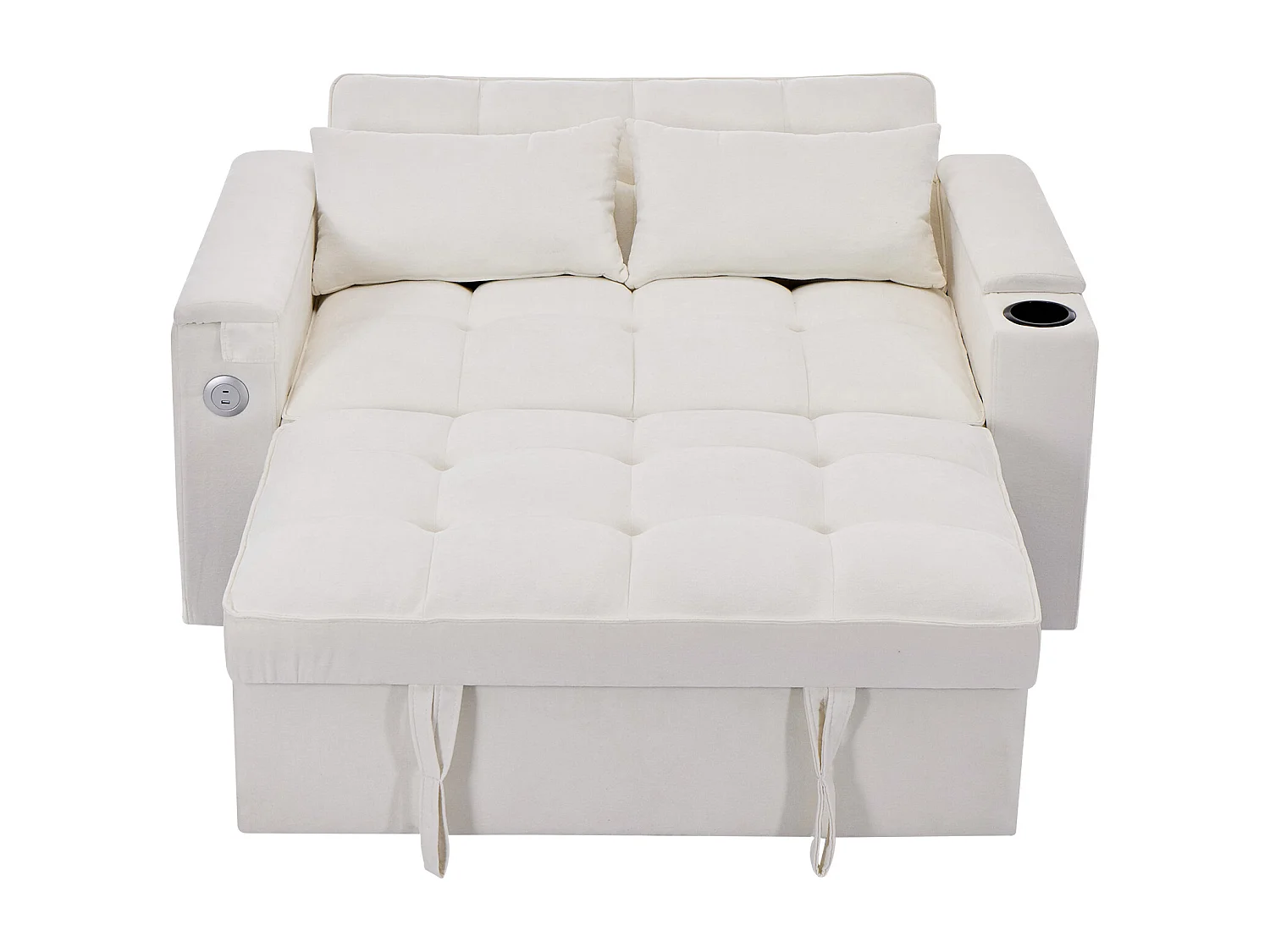 Canapé convertible 2 places en tissu beige - Avec dossier réglable, ports USB et tablette d’appoint