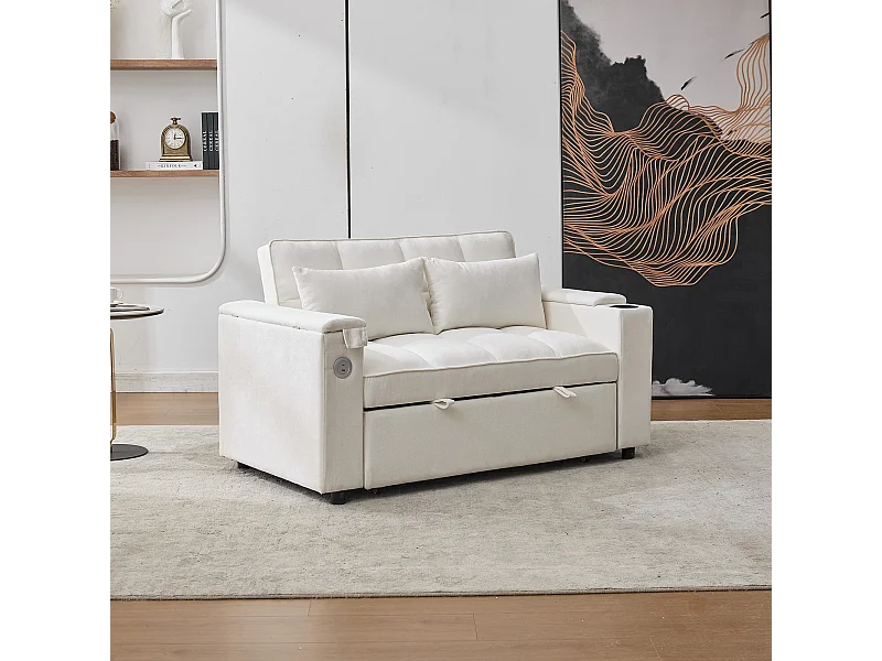 Canapé convertible 2 places en tissu beige - Avec dossier réglable, ports USB et tablette d’appoint