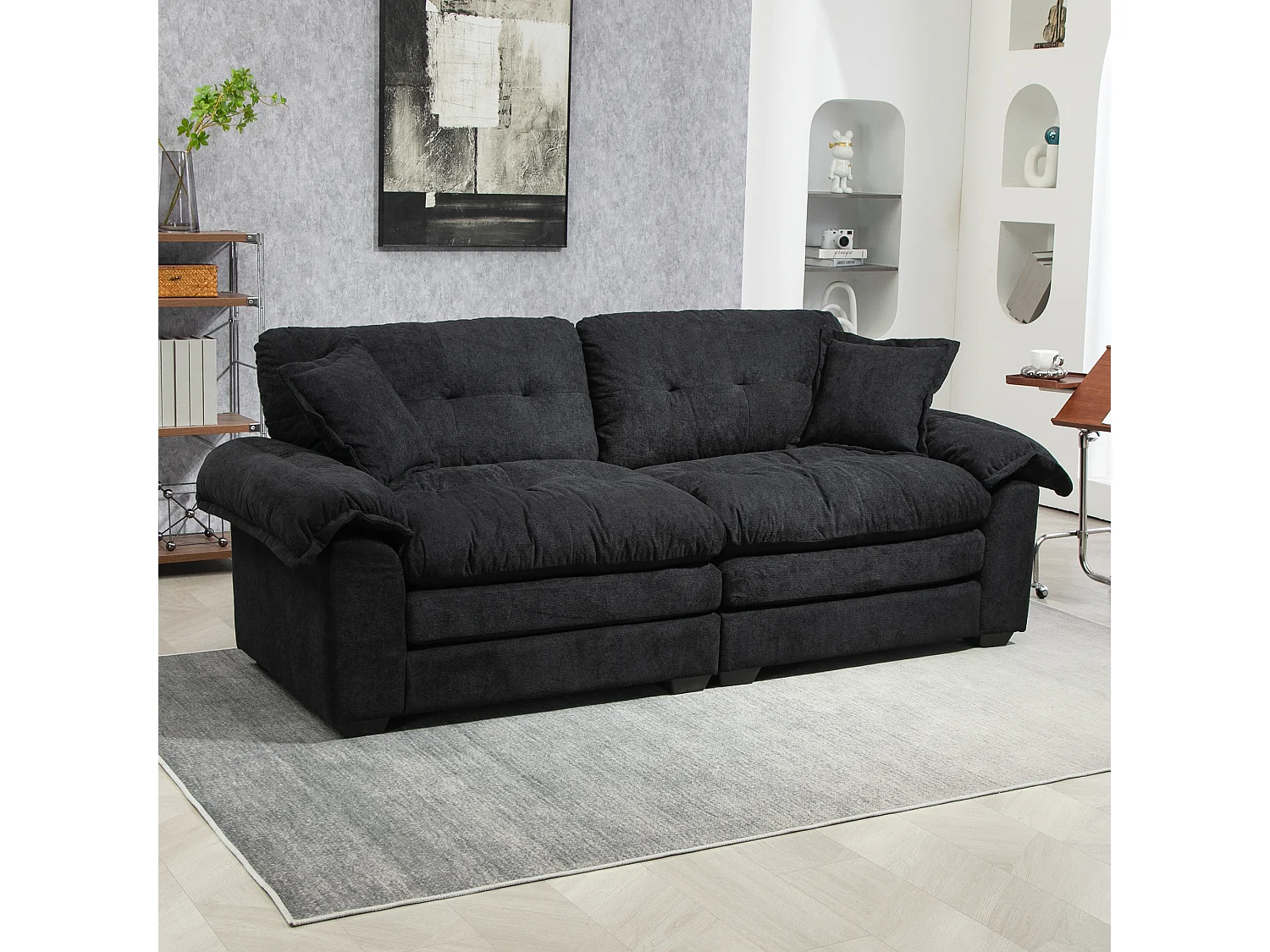 Canapé 2 places avec coussins double couche - Tissu chenille noir