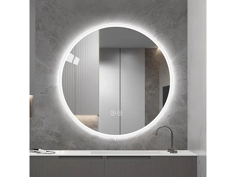 Miroir LED rond 80 cm avec anti-buée et 3 températures - Verre et métal argenté