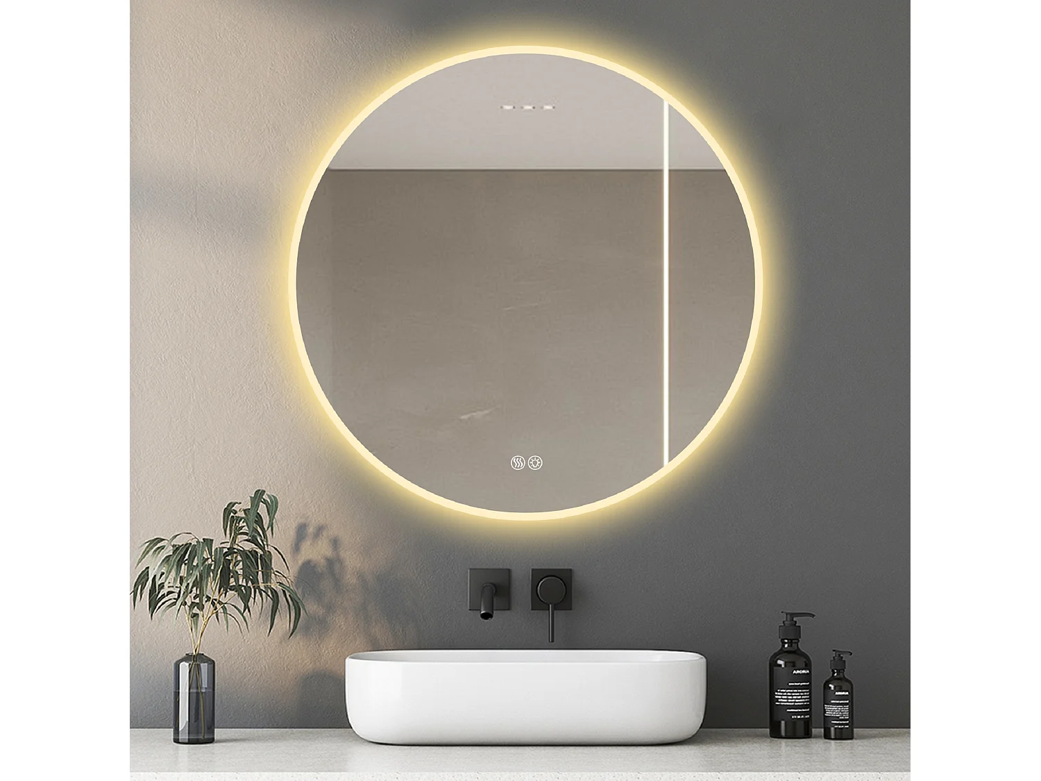 Miroir LED rond 80 cm avec anti-buée et 3 températures - Verre et métal argenté