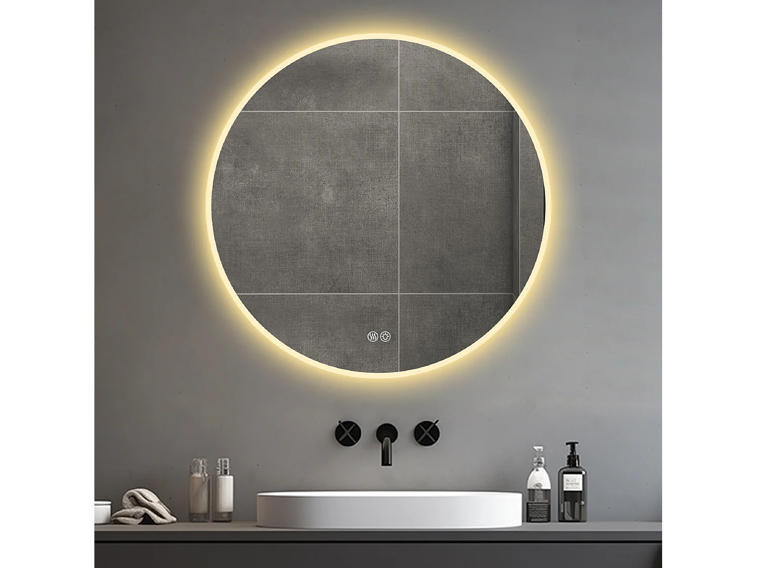 Miroir LED rond 80 cm avec anti-buée et 3 températures - Verre et métal argenté