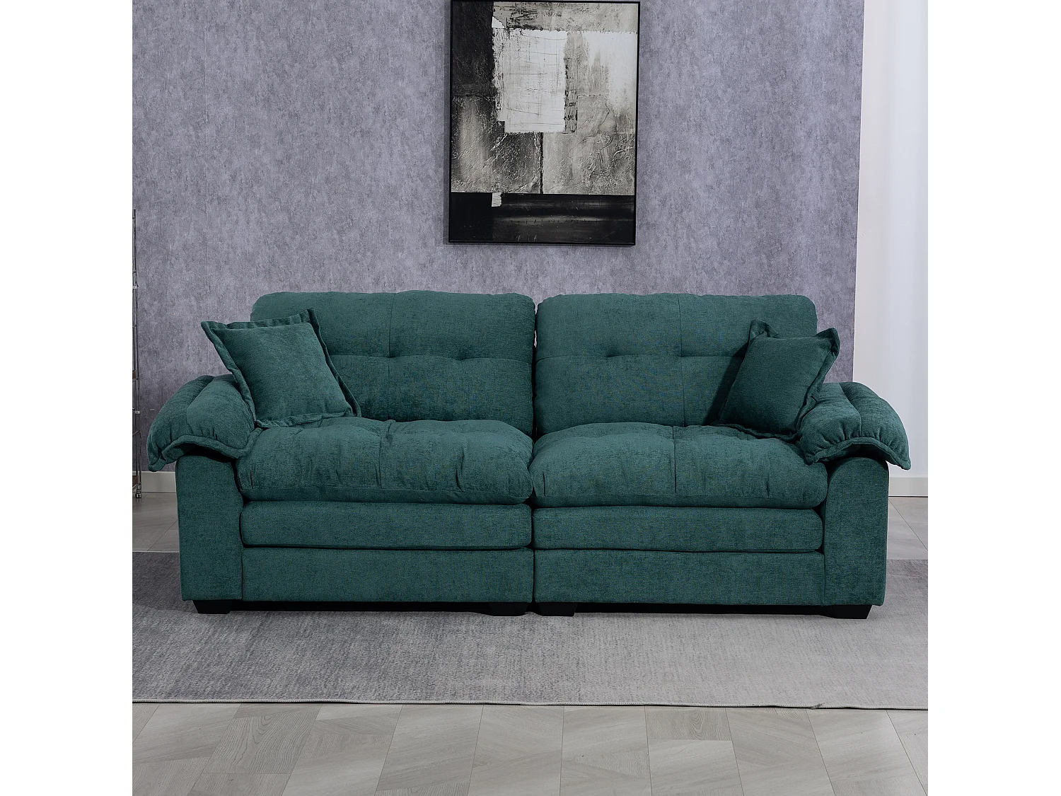 Canapé 2 places avec coussins double couche - Tissu chenille vert