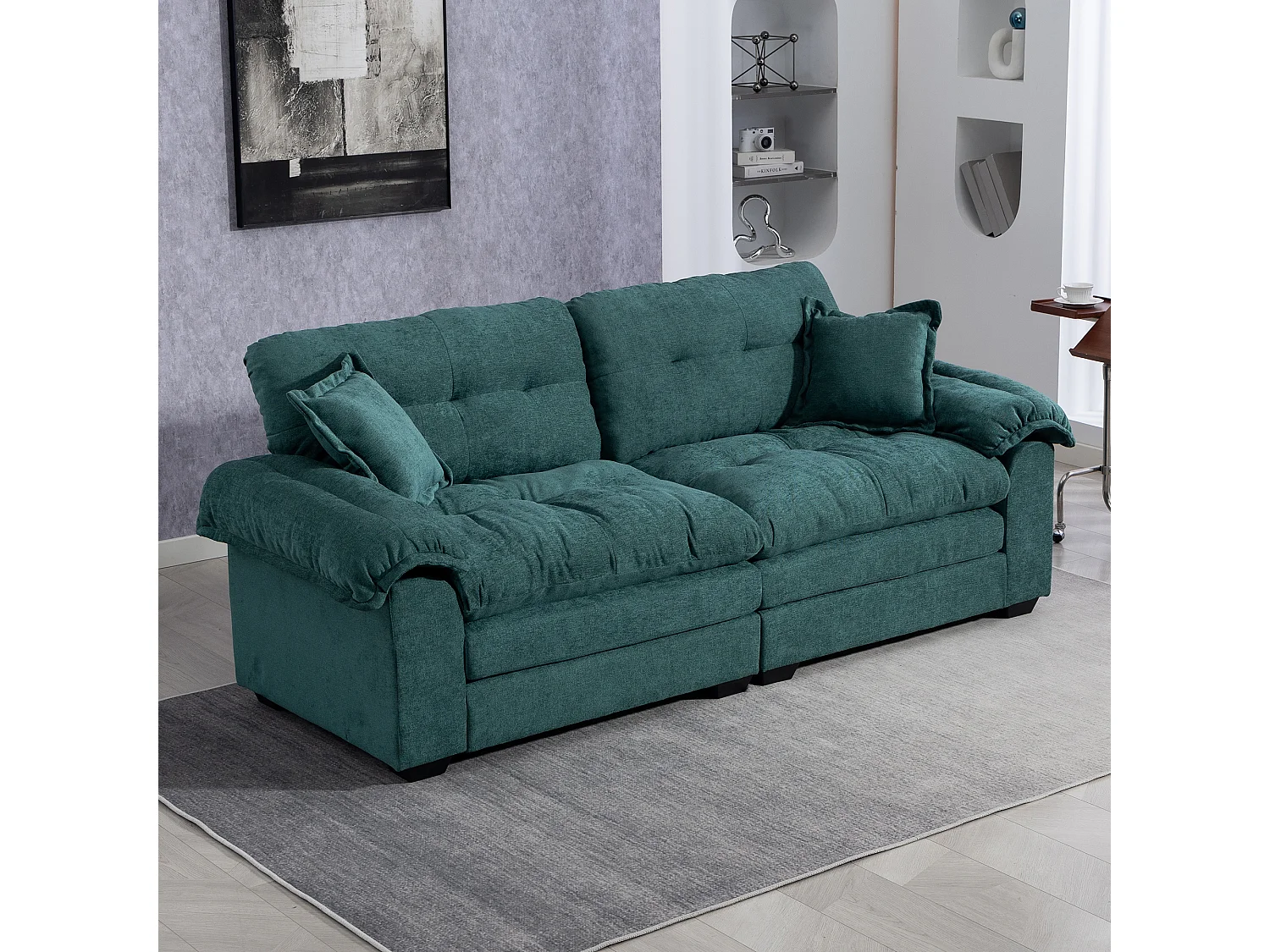 Canapé 2 places avec coussins double couche - Tissu chenille vert