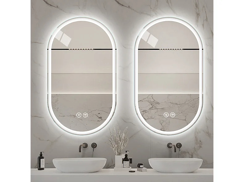 Miroir de salle de bain LED ovale 60x90 cm avec anti-buée - Verre argenté anti-buée