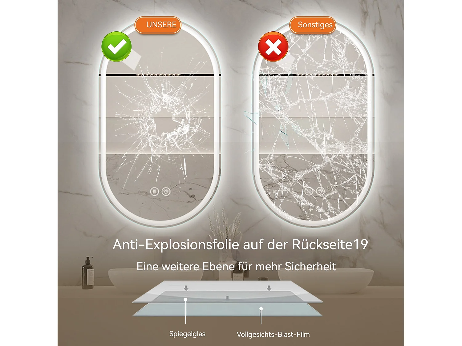 Miroir de salle de bain LED ovale 60x90 cm avec anti-buée - Verre argenté anti-buée