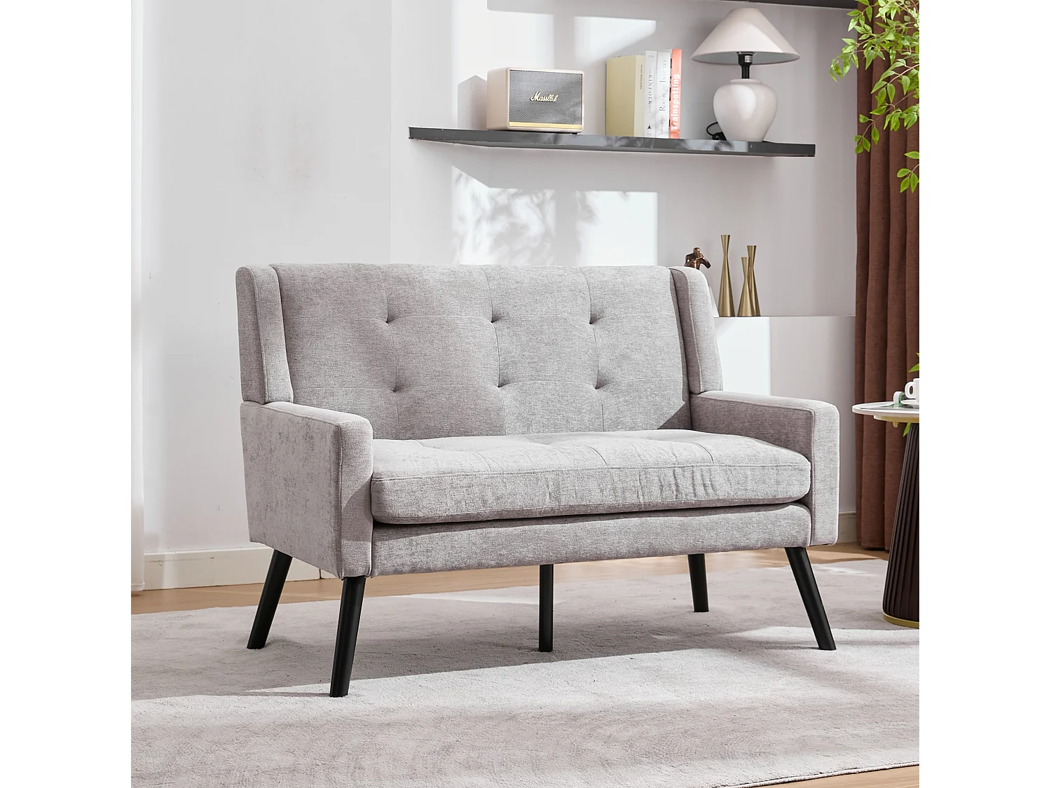 Canapé 2 places en lin gris clair - Pieds en bois antidérapants - Pour salon, chambre et bureau