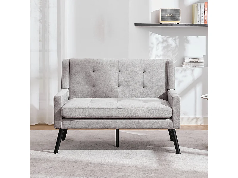 Canapé 2 places en lin gris clair - Pieds en bois antidérapants - Pour salon, chambre et bureau