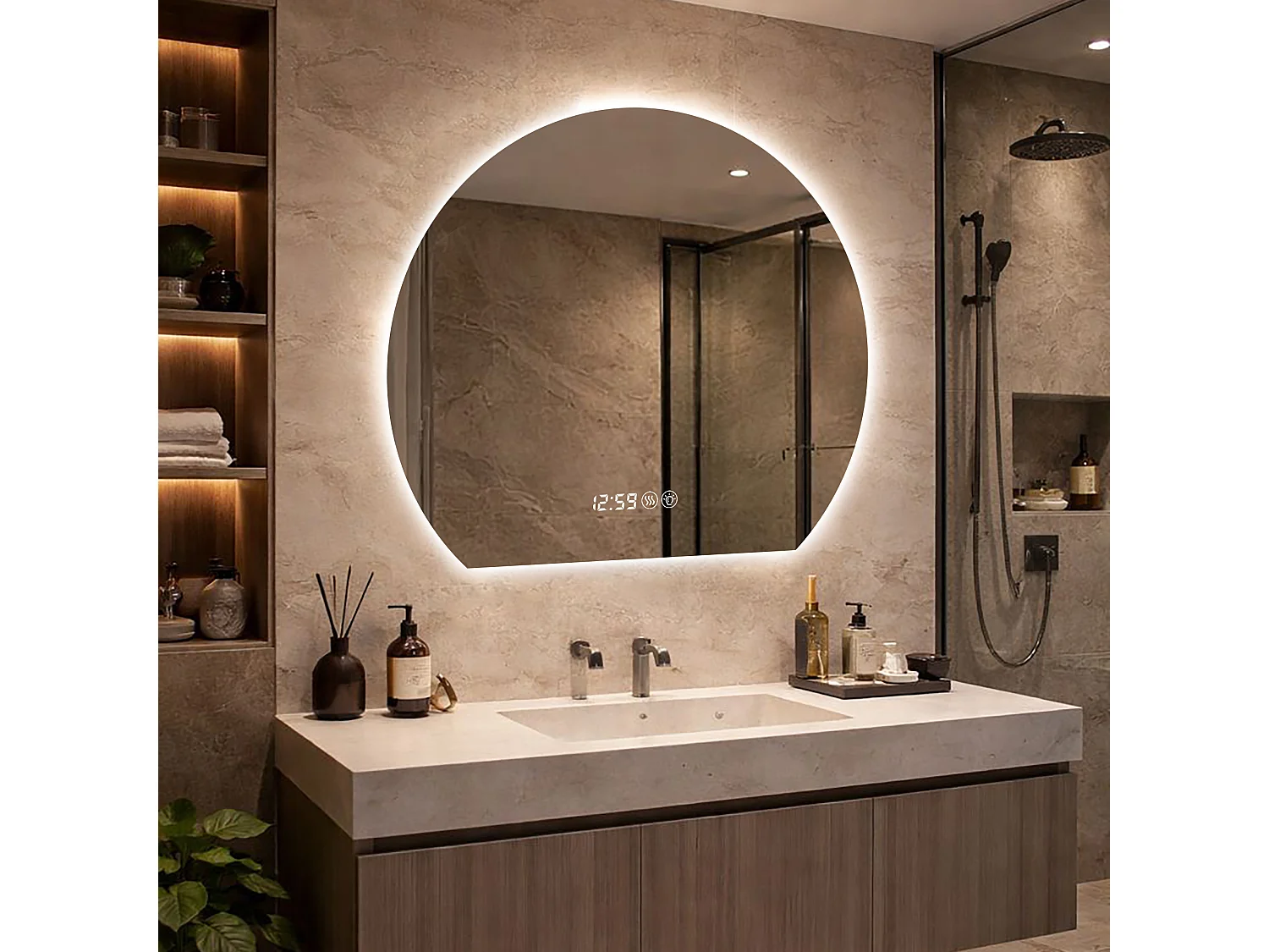 Miroir salle de bain rond LED 80 cm argenté avec anti-buée - Verre et métal