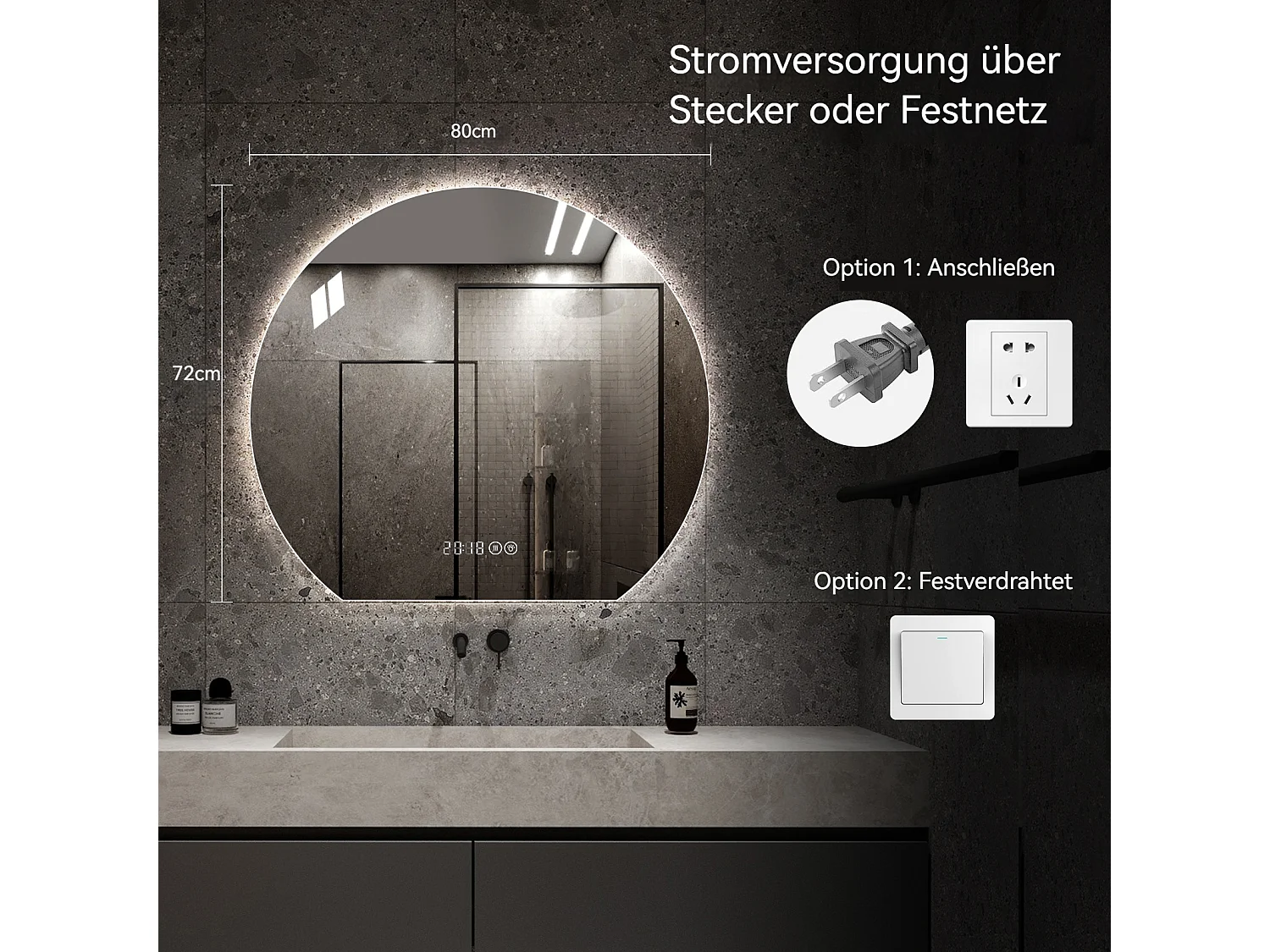 Miroir salle de bain rond LED 80 cm argenté avec anti-buée - Verre et métal