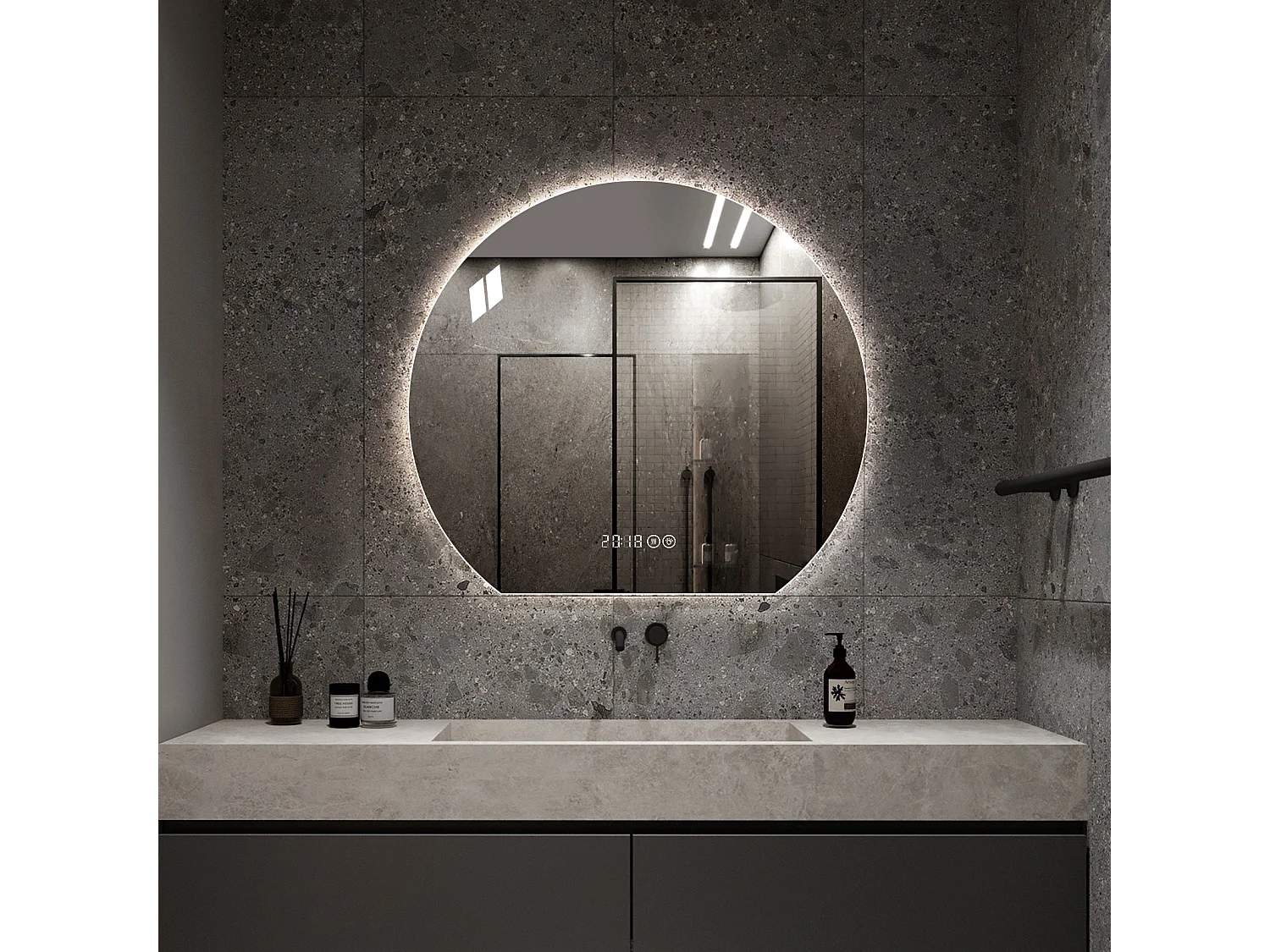 Miroir salle de bain rond LED 80 cm argenté avec anti-buée - Verre et métal