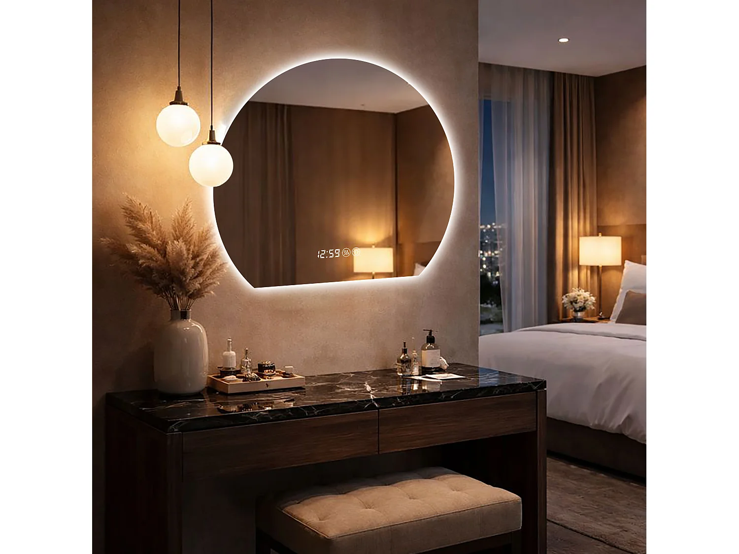 Miroir salle de bain rond LED 80 cm argenté avec anti-buée - Verre et métal