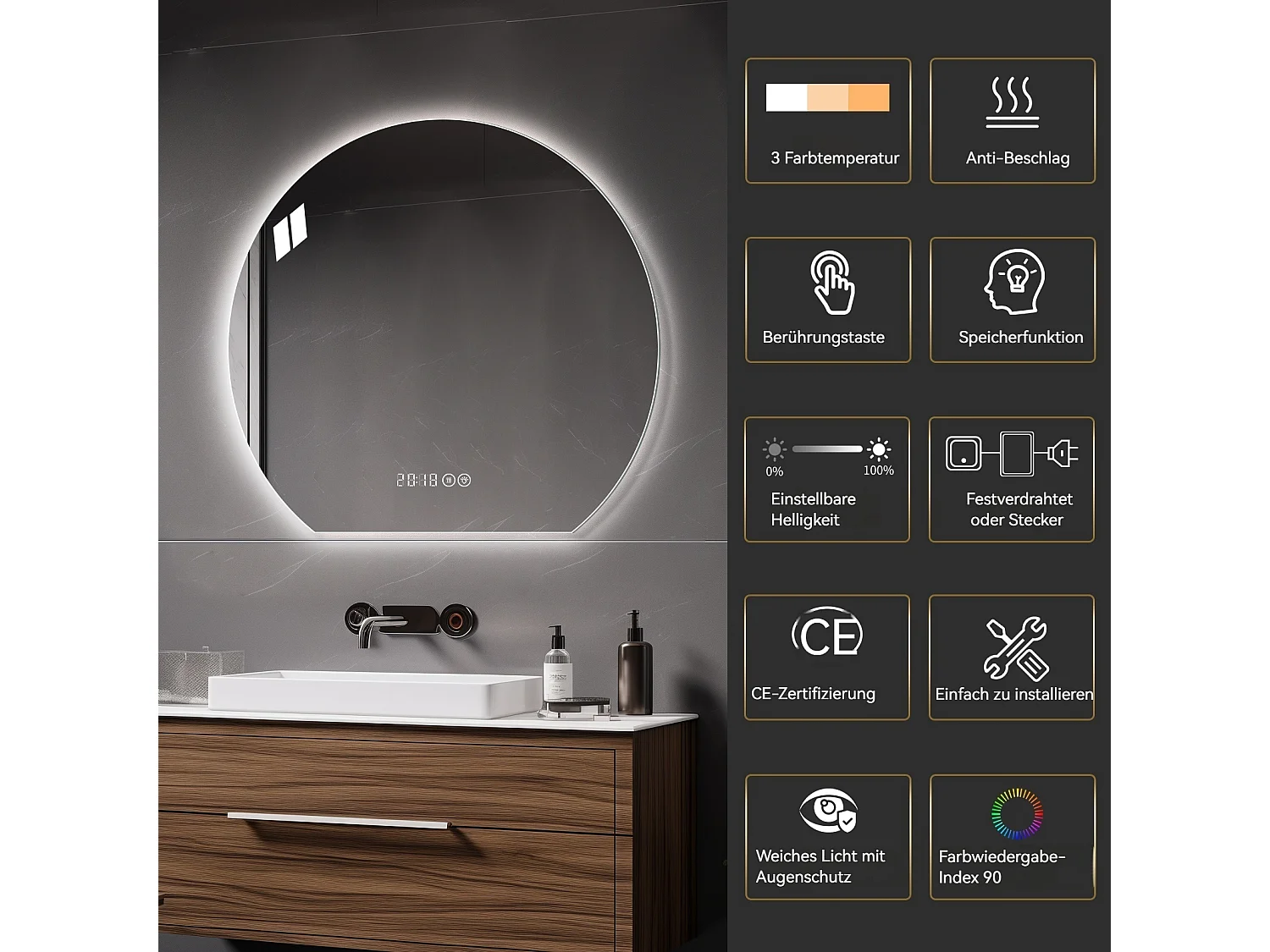 Miroir salle de bain rond LED 80 cm argenté avec anti-buée - Verre et métal