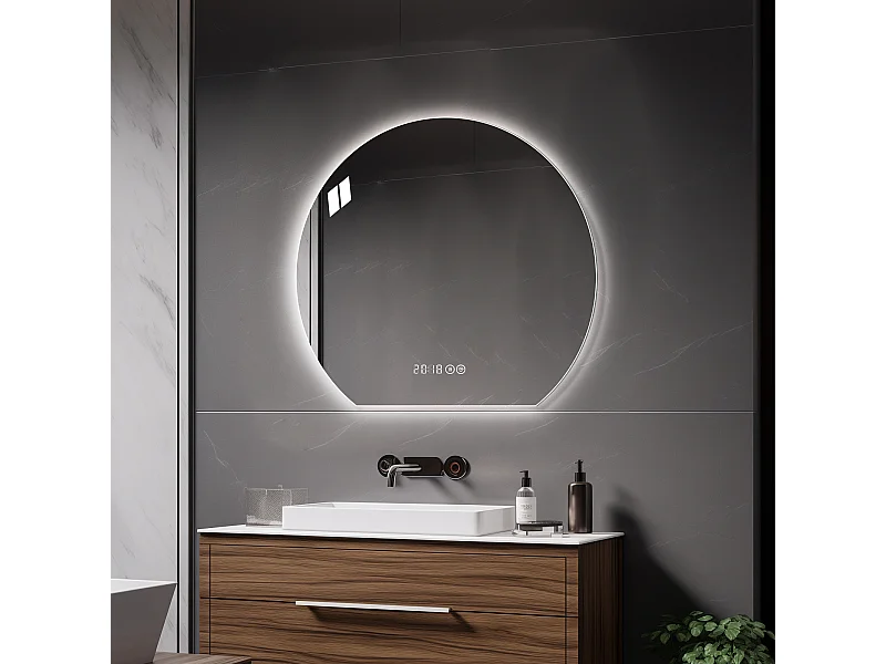 Miroir salle de bain rond LED 80 cm argenté avec anti-buée - Verre et métal