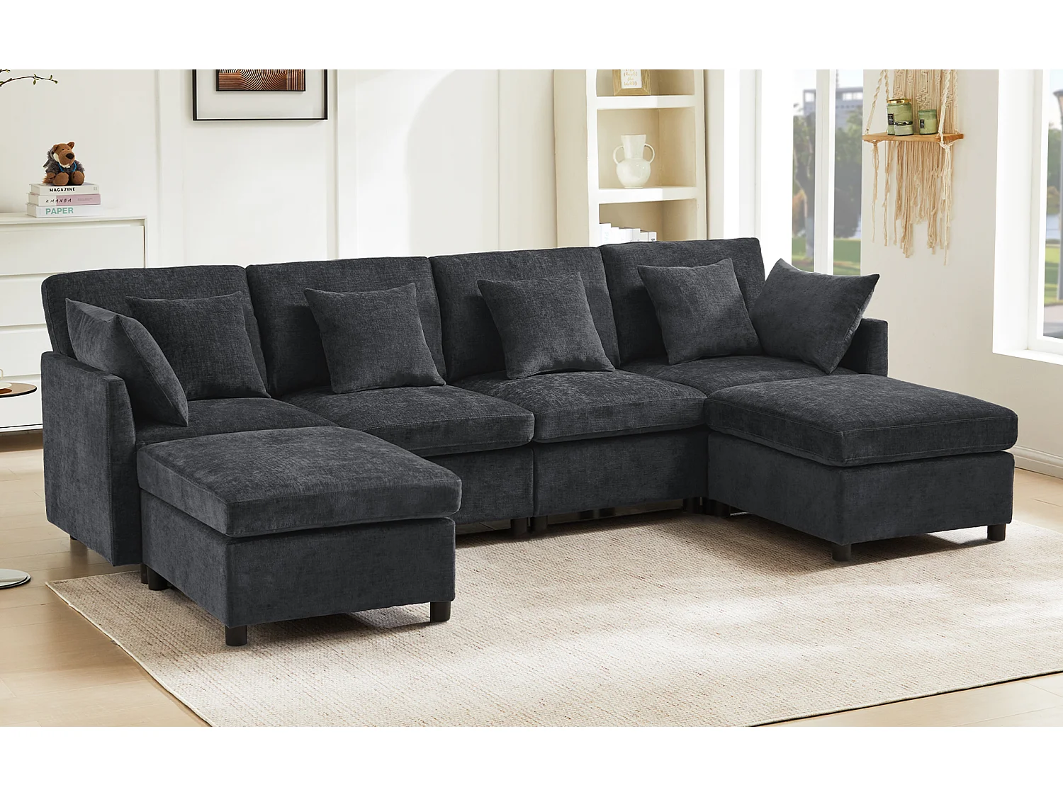 Canapé 4 places en tissu chenille gris avec 2 poufs et 6 coussins