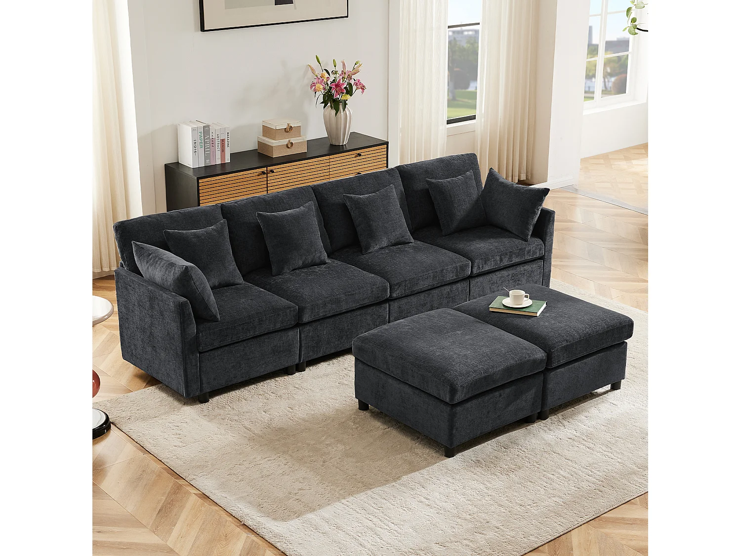 Canapé 4 places en tissu chenille gris avec 2 poufs et 6 coussins