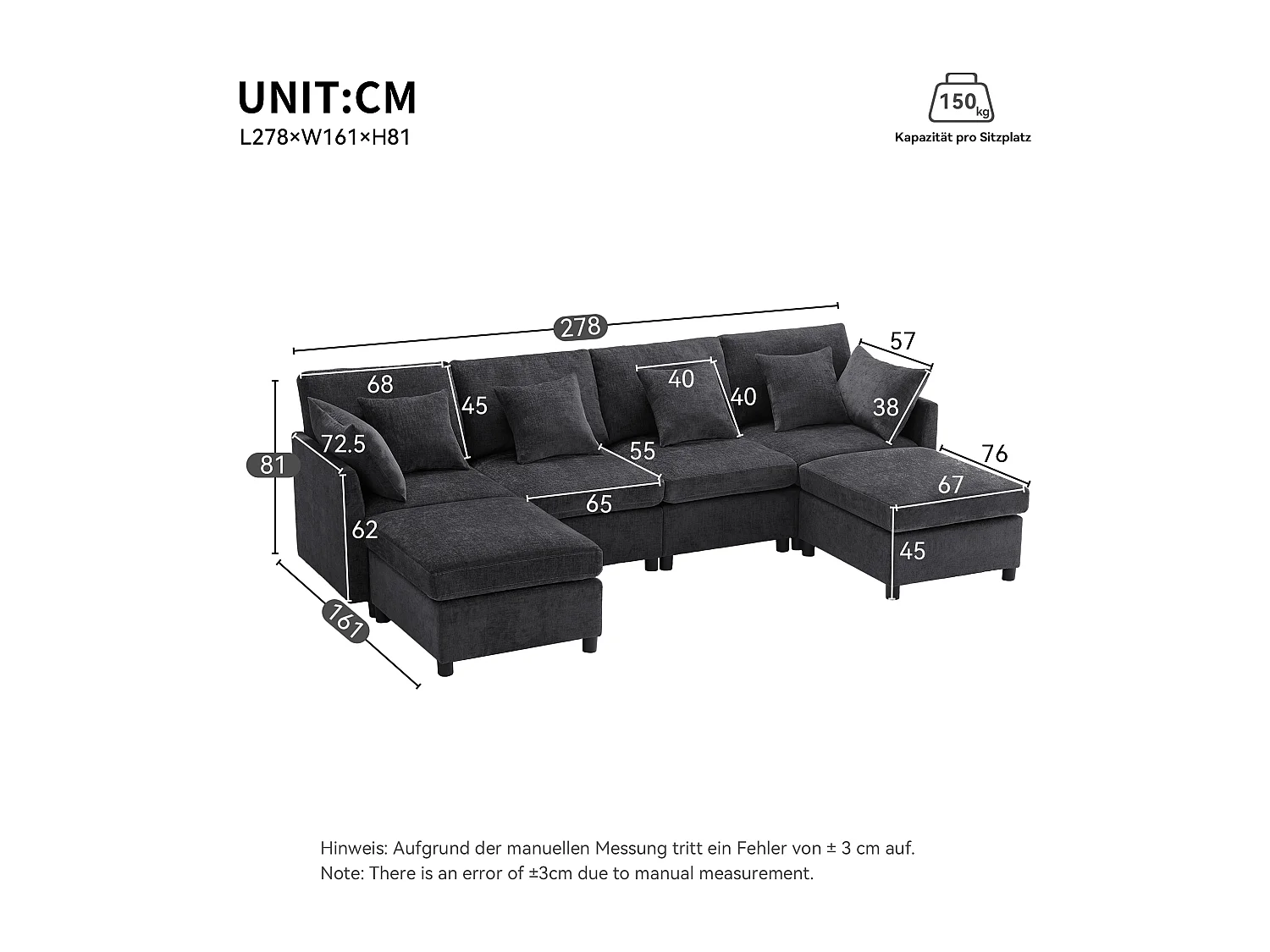 Canapé 4 places en tissu chenille gris avec 2 poufs et 6 coussins