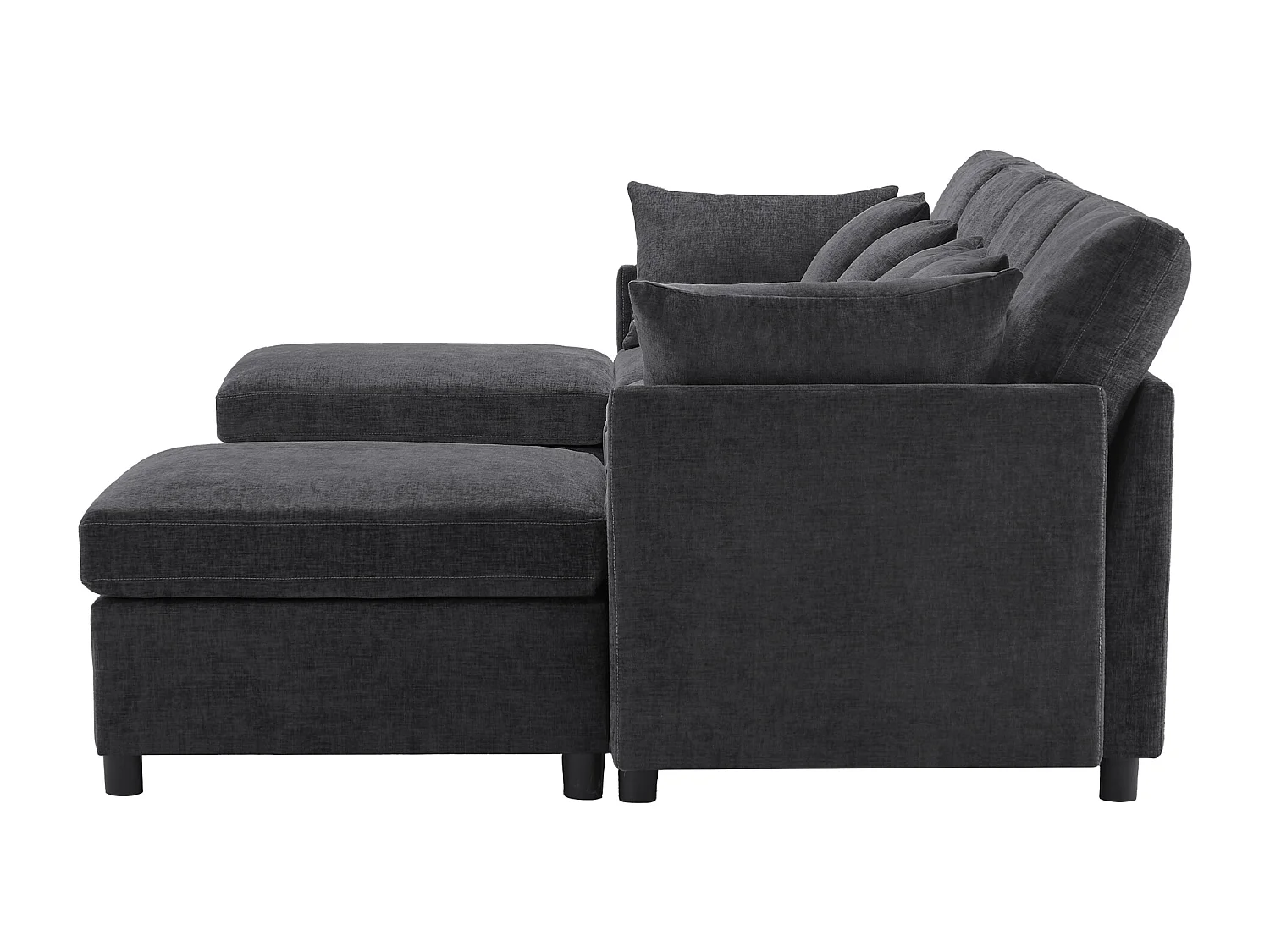 Canapé 4 places en tissu chenille gris avec 2 poufs et 6 coussins