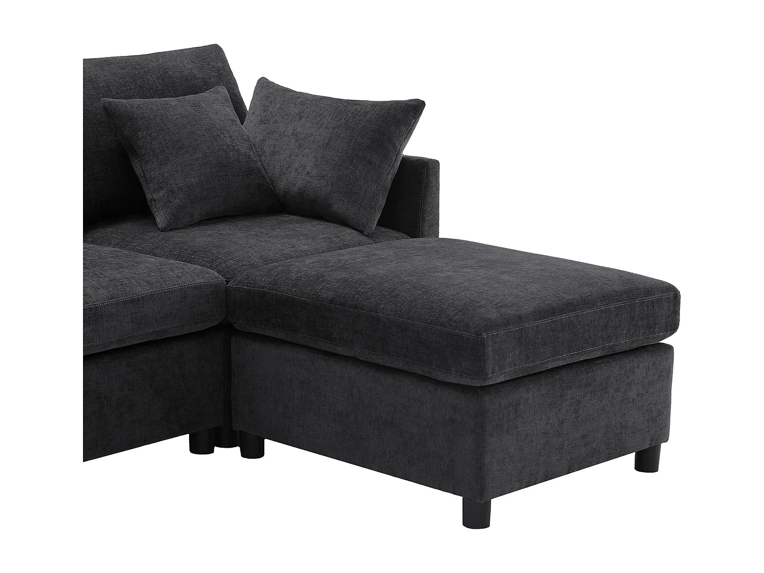 Canapé 4 places en tissu chenille gris avec 2 poufs et 6 coussins