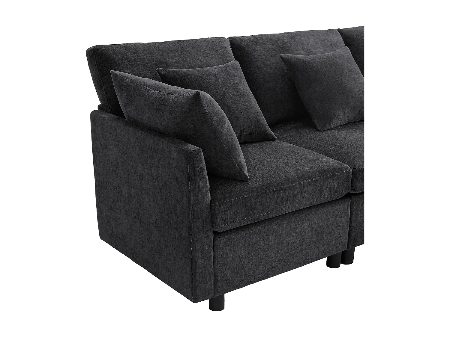 Canapé 4 places en tissu chenille gris avec 2 poufs et 6 coussins