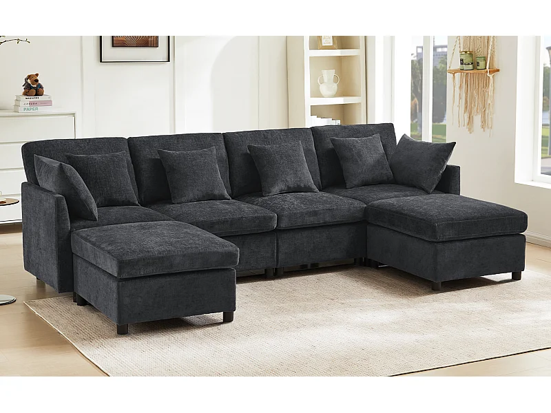 Canapé 4 places en tissu chenille gris avec 2 poufs et 6 coussins