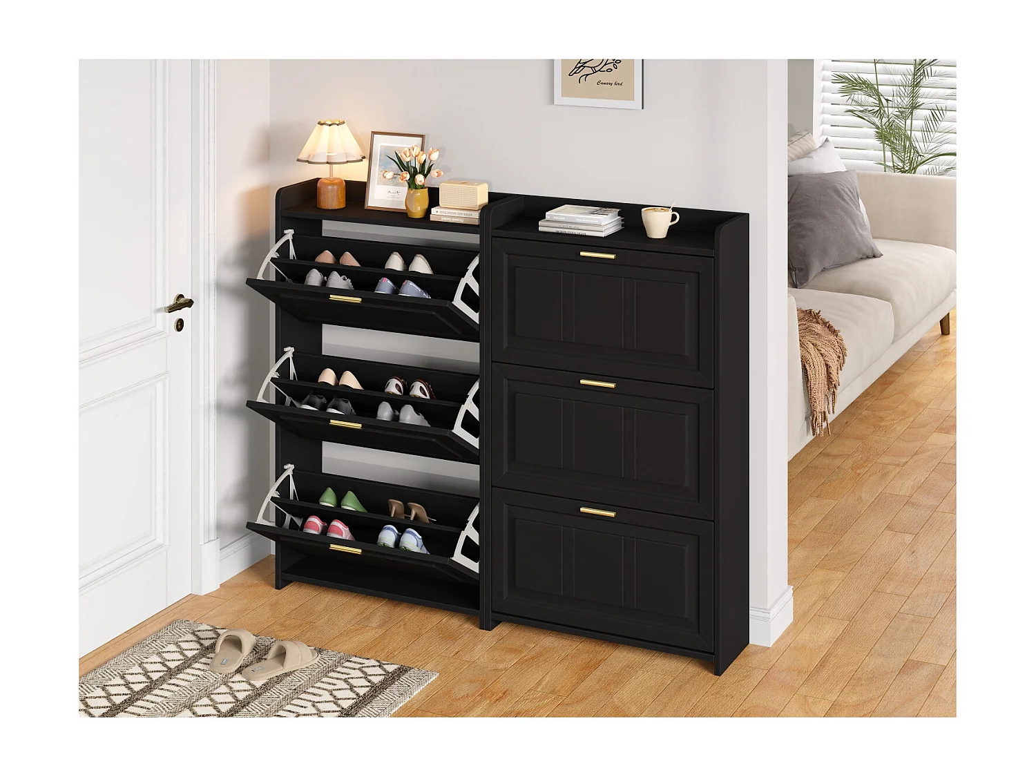 Lot de 2 meuble à chaussures 70 x 24 x 120 cm avec 3 portes - Noir