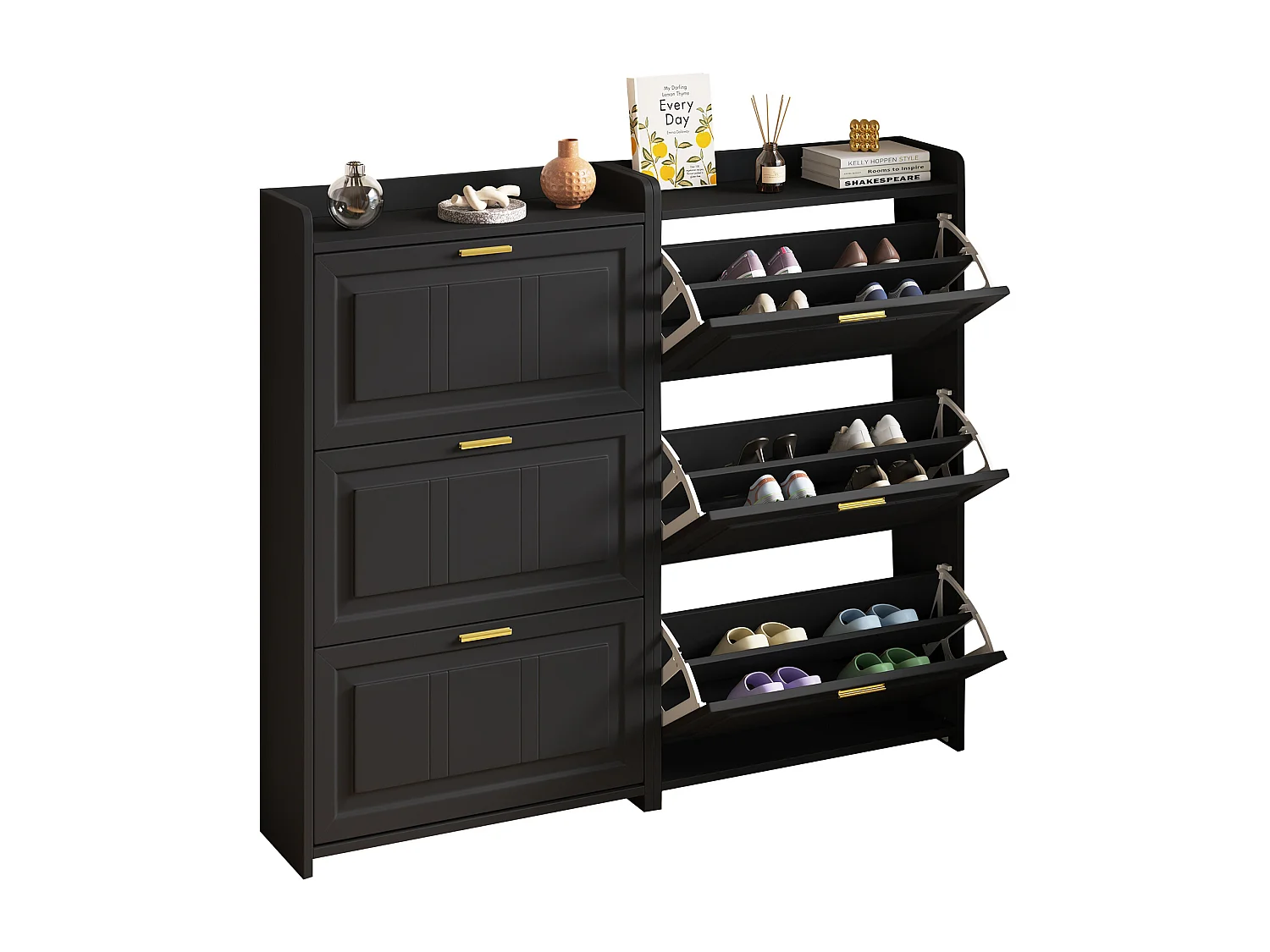 Lot de 2 meuble à chaussures 70 x 24 x 120 cm avec 3 portes - Noir