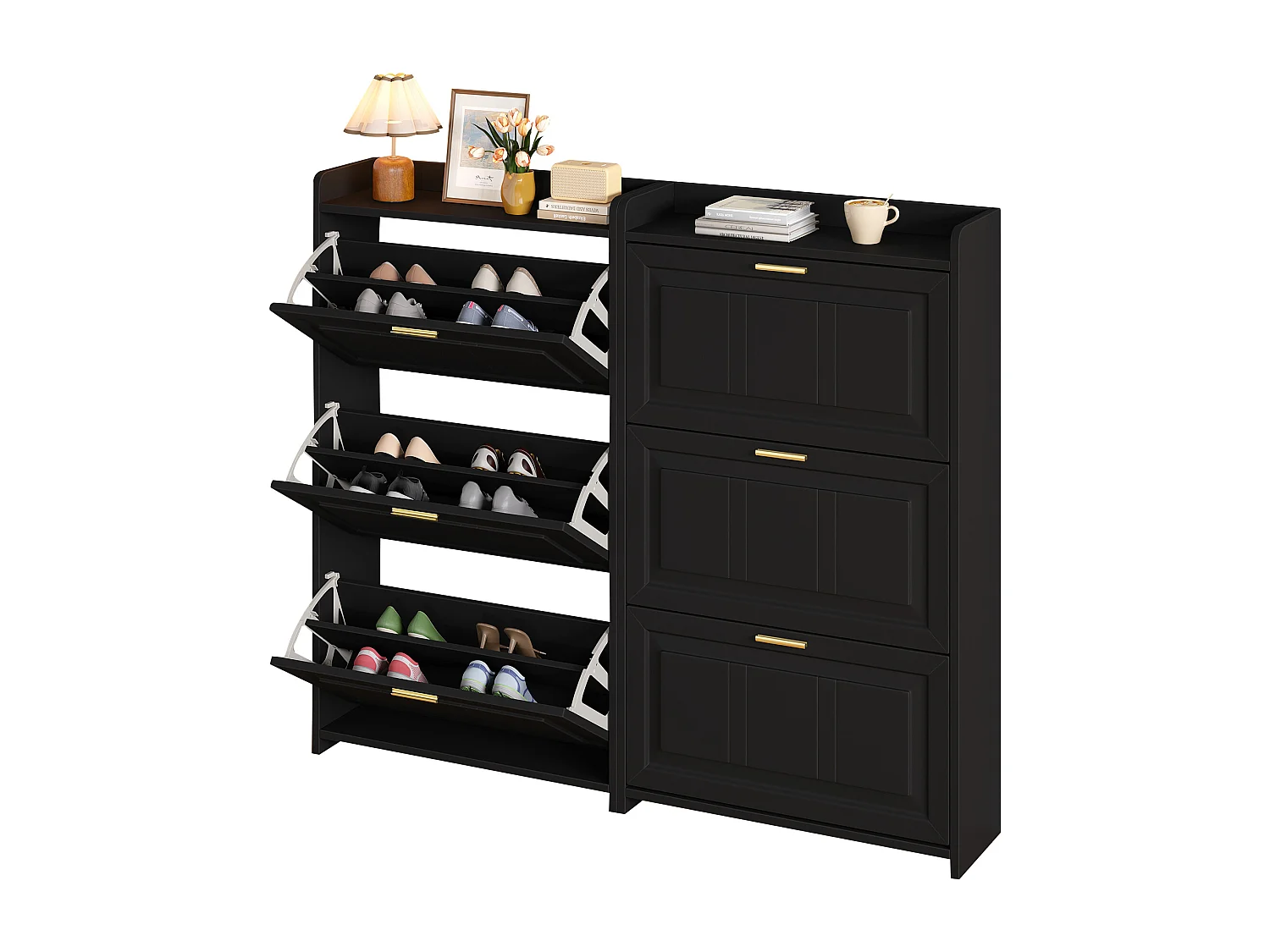 Lot de 2 meuble à chaussures 70 x 24 x 120 cm avec 3 portes - Noir