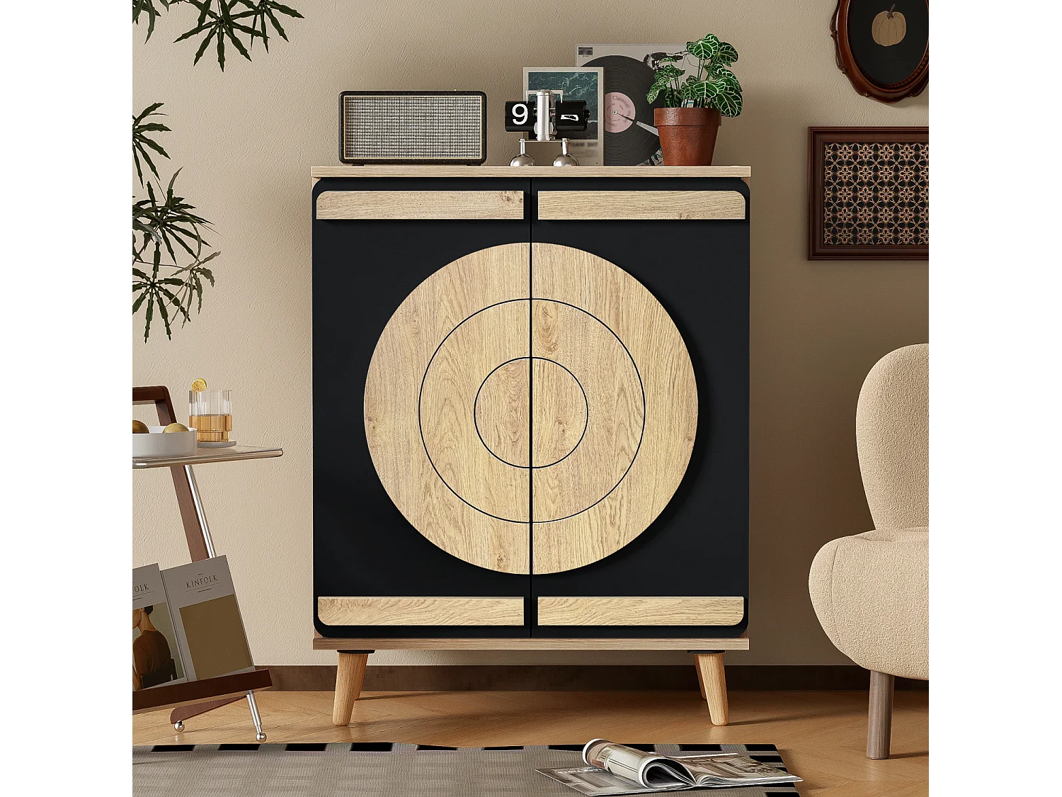Meuble à chaussures avec 2 portes rondes et géométrique - Noir et naturel clair