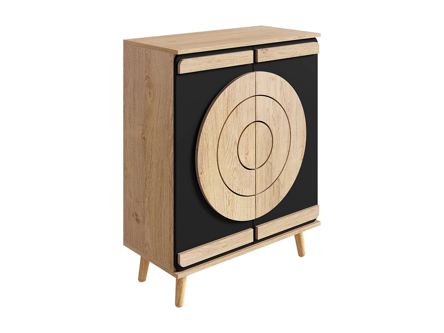 Meuble à chaussures avec 2 portes rondes et géométrique - Noir et naturel clair