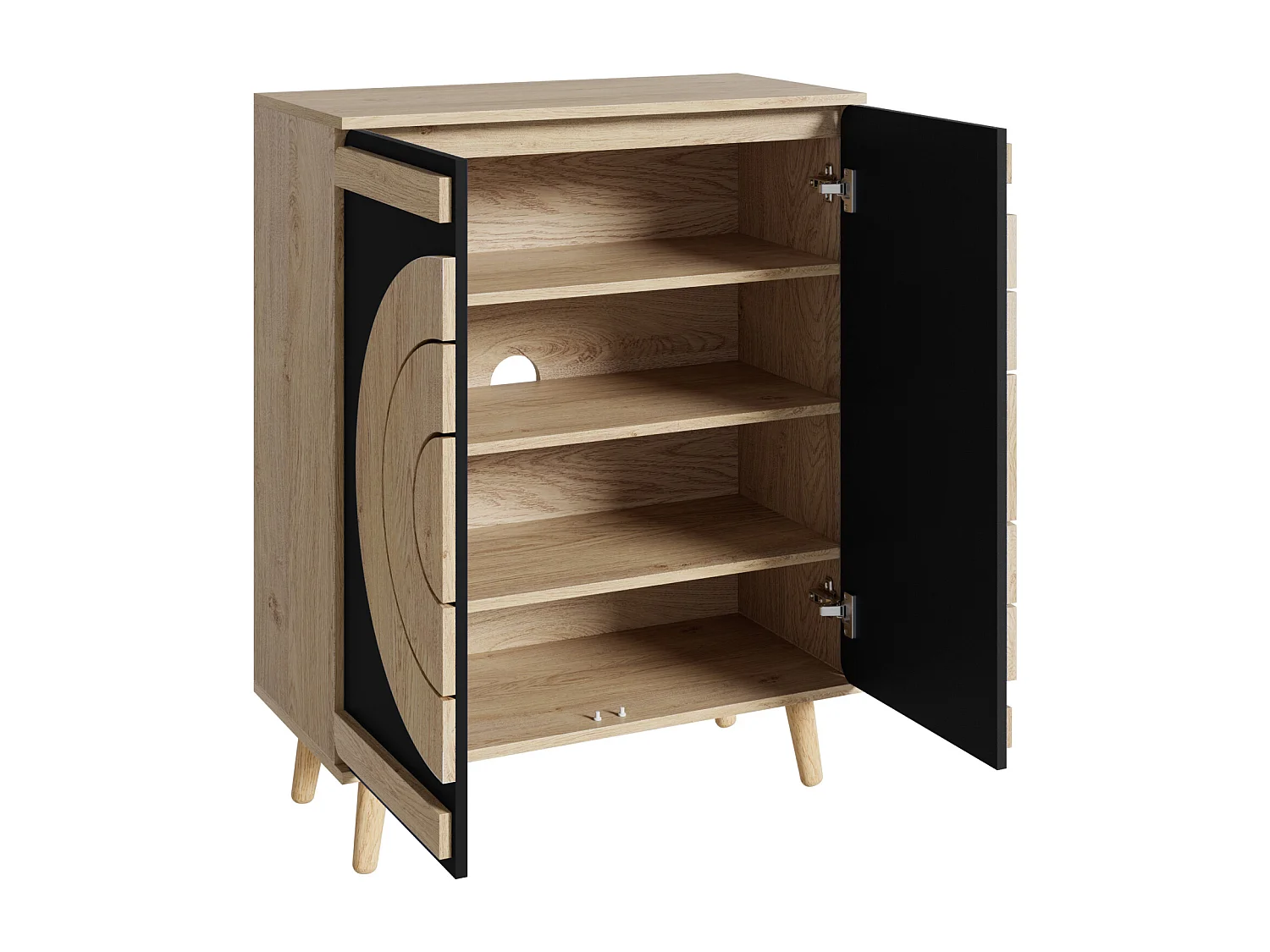 Meuble à chaussures avec 2 portes rondes et géométrique - Noir et naturel clair