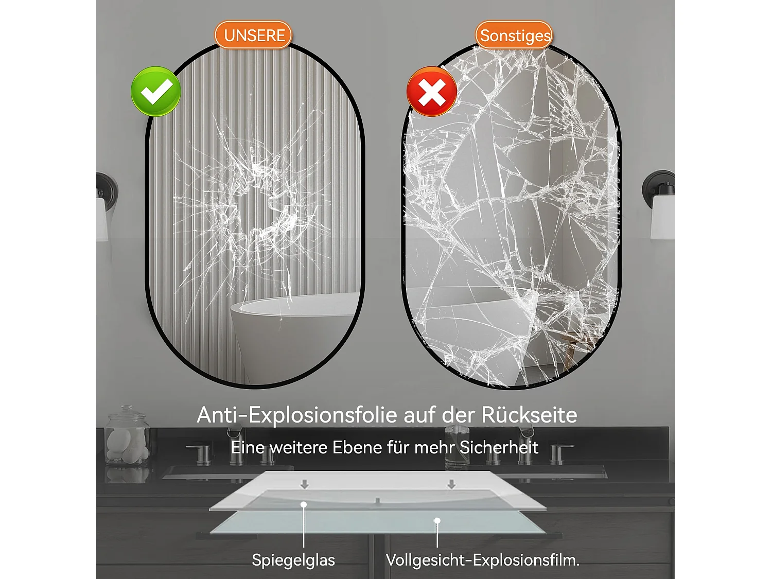 Miroir de salle de bain ovale 50x80 cm en verre argenté