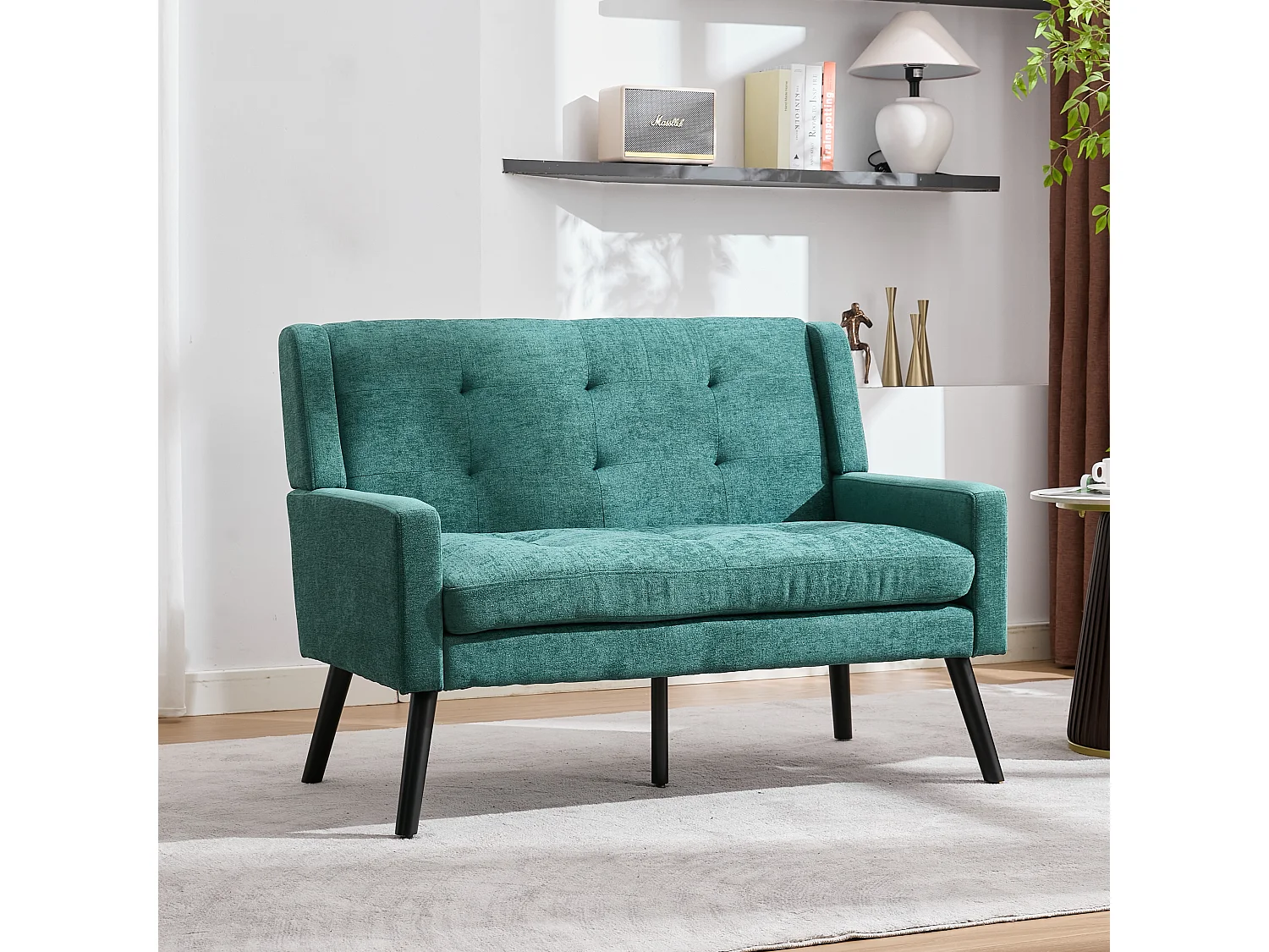 Canapé 2 places en lin vert rétro - Pieds en bois antidérapants - Pour salon, chambre et bureau